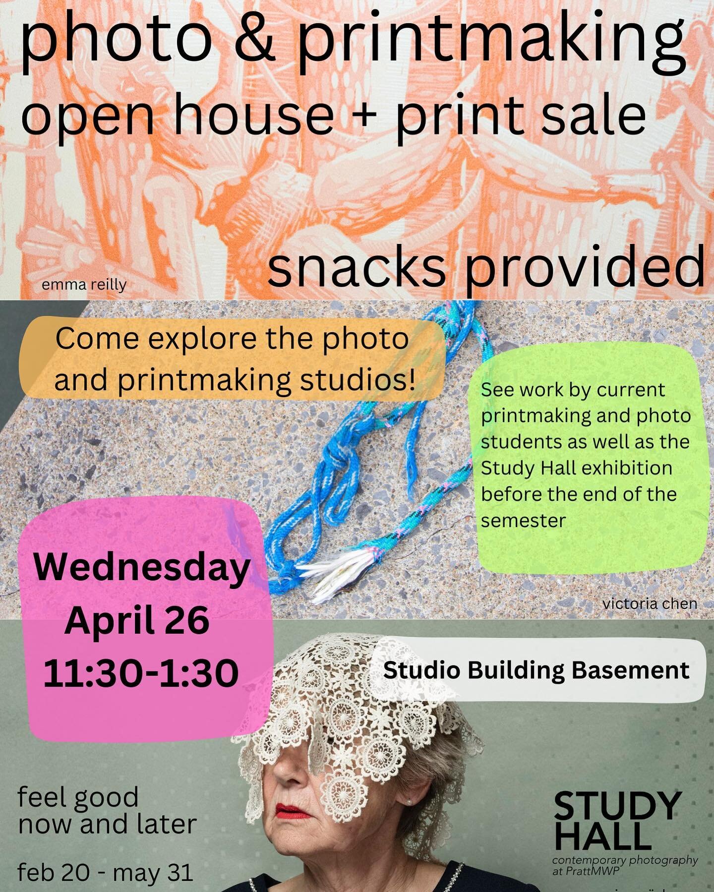 🌟THIS WEDNESDAY🌟 Visit the photo and printmaking studios to see what everyone has been making this semester and enjoy some treats at the same time. The current Study Hall show is still on display but is only up through the end of the semester. 👀 1