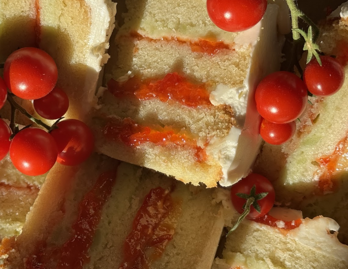 sweet tomato & plum cake with olive oil buttercream