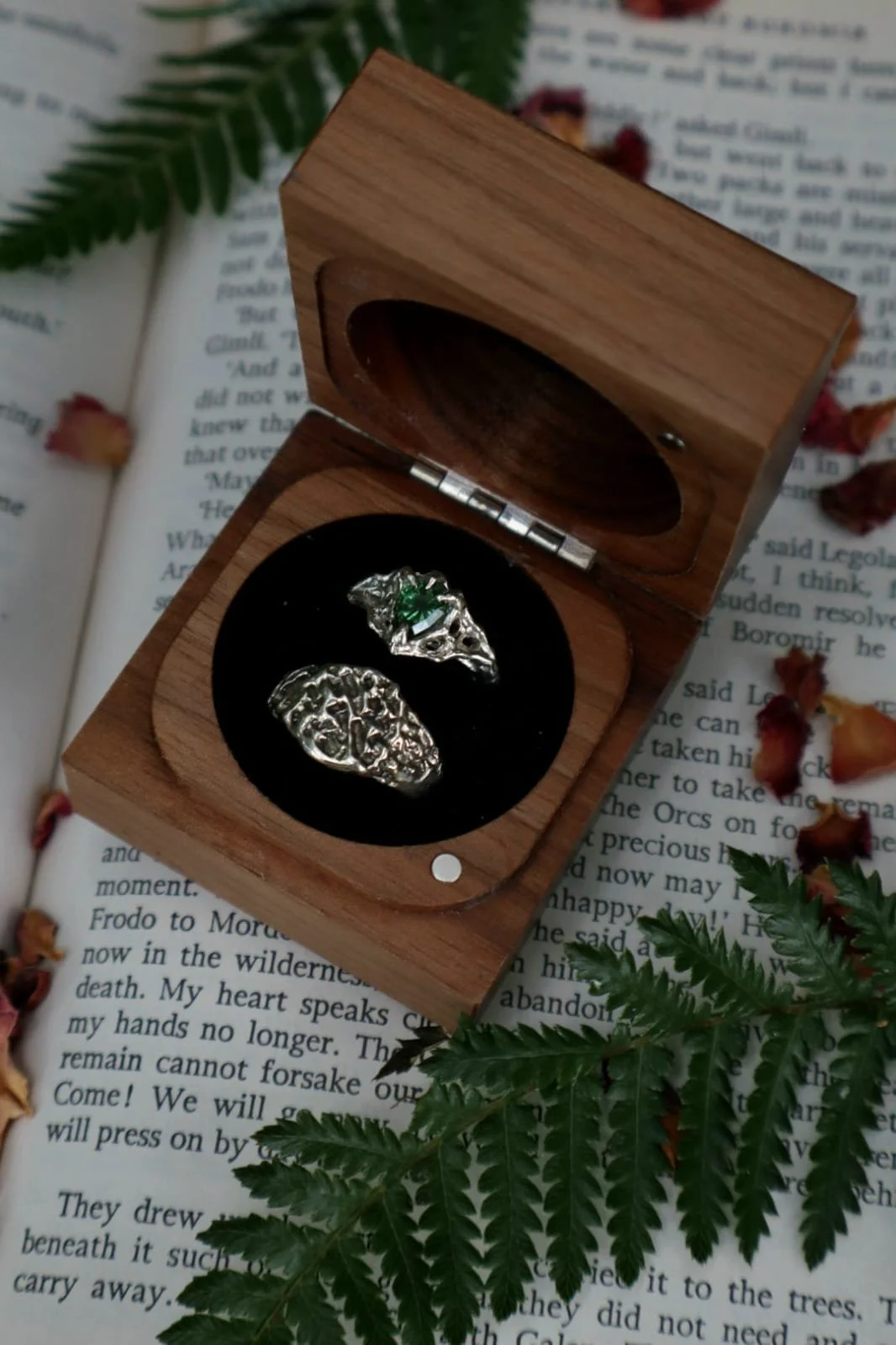 Custom ‘his & hers’ wedding ring set - 9ct white gold Nocturna ring with fantasy-cut tourmaline and 9ct white gold Warrior Signet ring.