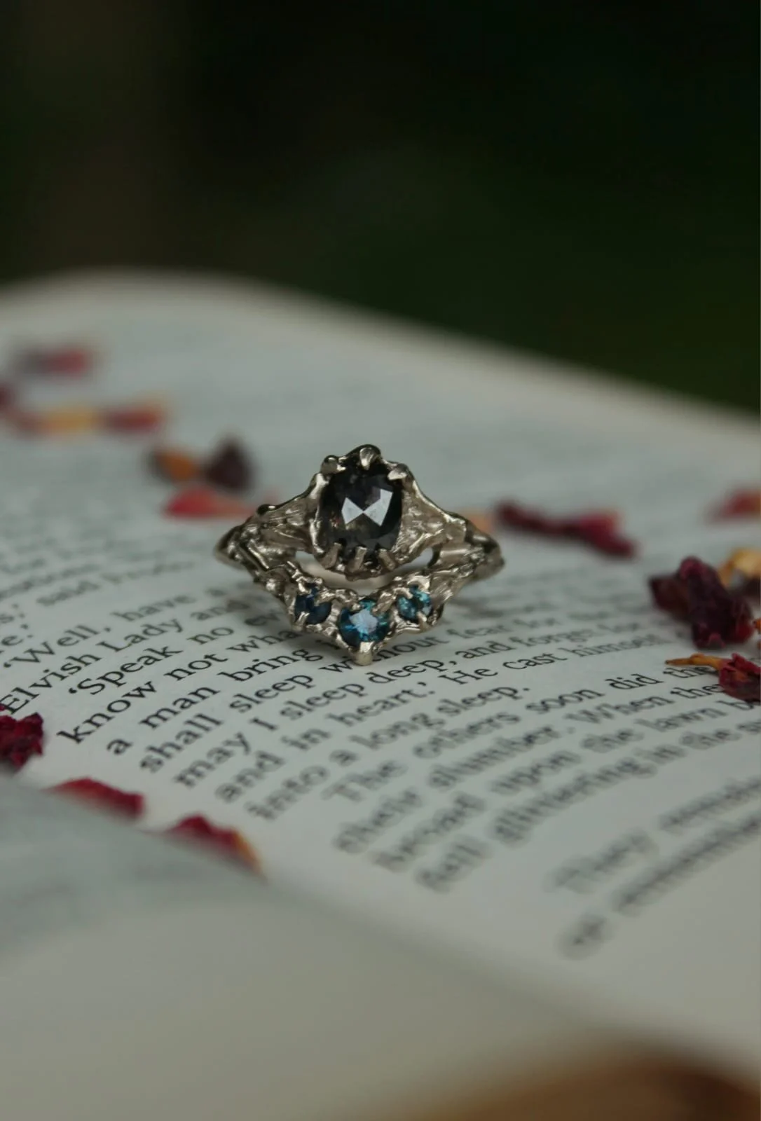 Bespoke engagement ring - 18ct white gold, 1ct salt & pepper diamond, 3 x teal Australian sapphires