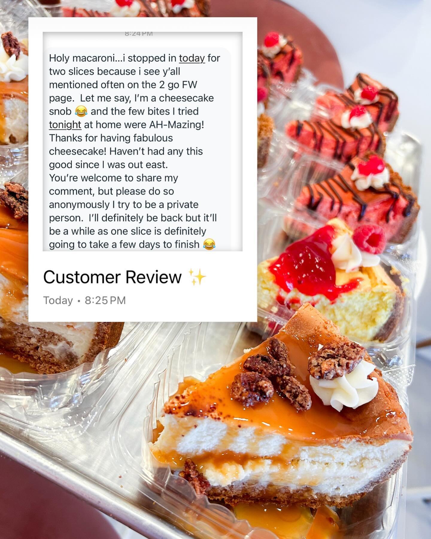 Sharing this message with permission! ✨💖 

Thank you so much to all of you!!! For coming in, for loving our cheesecake, for telling people about us, for coming to find us, for sharing our story, and for supporting us in all of the ways! We love to r