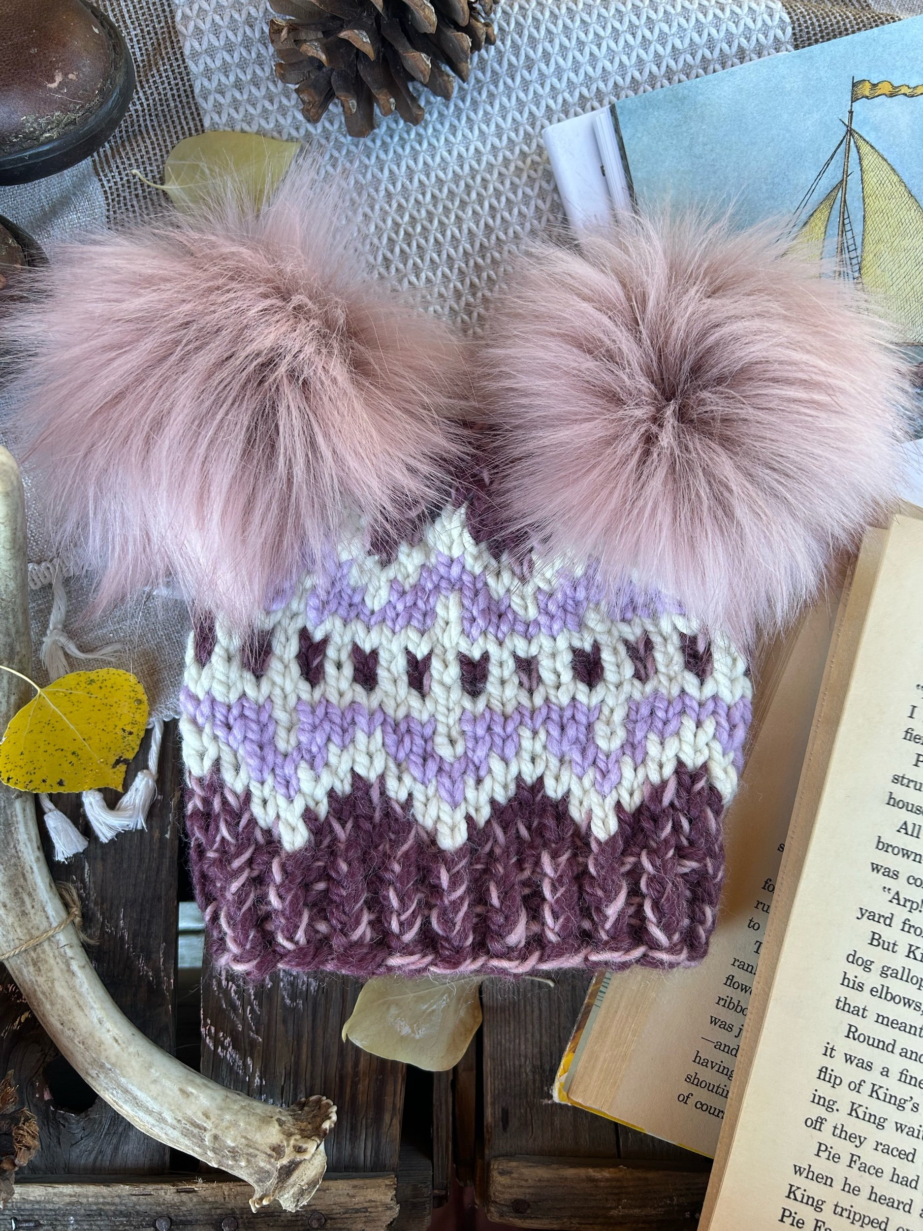 Double Pom Lilac, Fig & Cream Variegated Double Brim Toddler Toque