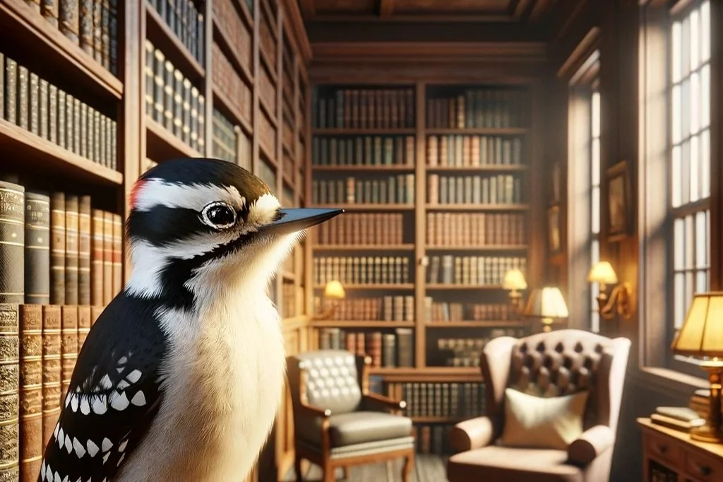 DALL%C2%B7E+2023-11-15+23.38.02+-+A+downy+woodpecker%2C+small+and+distinctive+with+its+black+and+white+plumage%2C+perched+on+a+wooden+bookshelf+in+a+cozy+library.+The+library+is+filled+wit.jpg