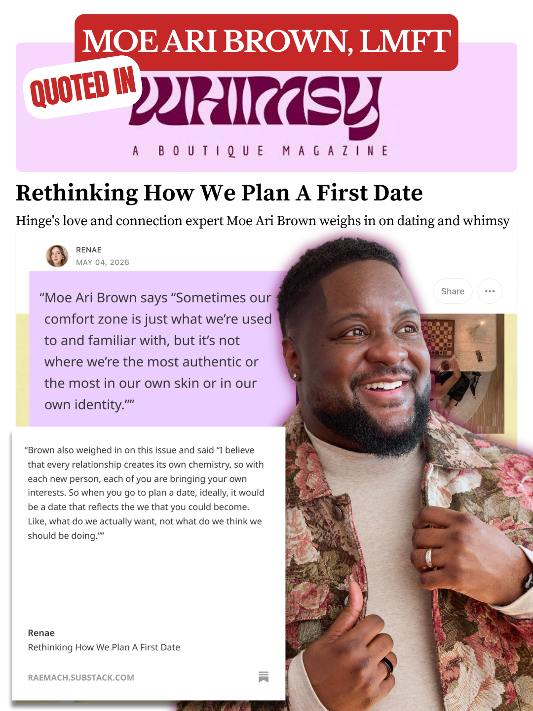 Moe Ari offers commentary for Whimsy Magazine Substack Article by Renae. Moe Ari shares expet insights on how to plan better first dates in 2026.