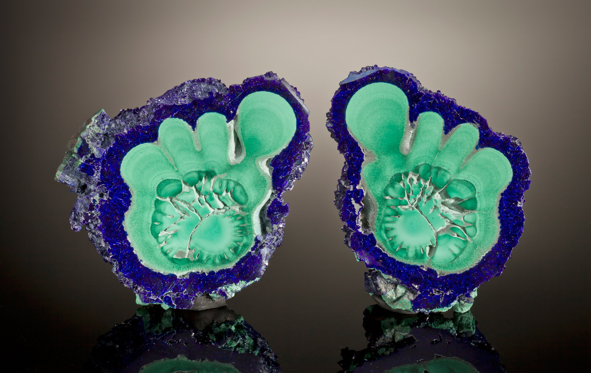  A pair of azurite and malachite slices, 7.7 cm tall, from the Liufengshan mine, Guichi district, Chizhou Prefecture, Anhui Province, China. Ex Ken Roberts collection. 