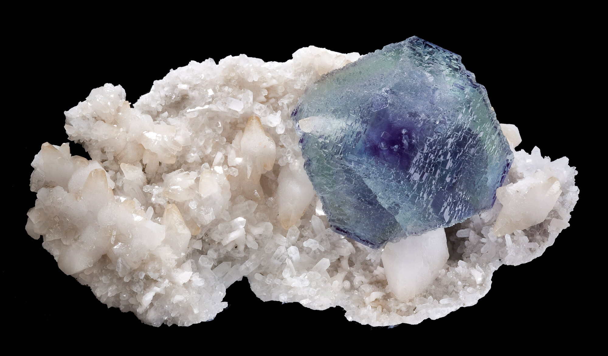  Fluorite on quartz and calcite, Shangbao mine, Leiyang Co., Hengyang pref., Hunan prov., China - 19.5cm 