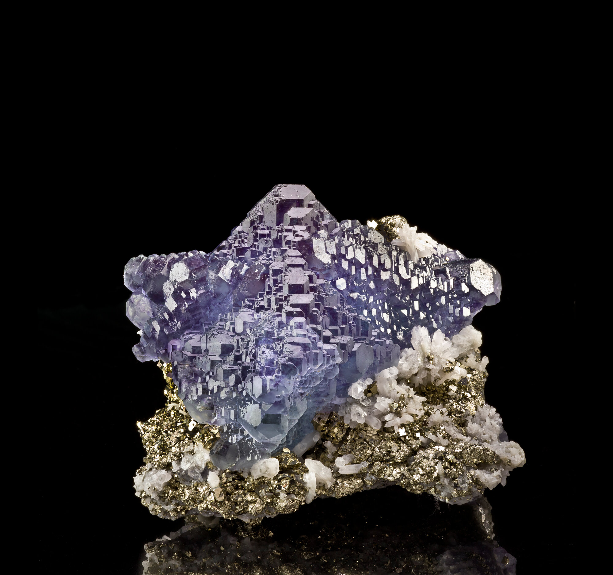  Fluorite on pyrite with quartz, Shangbao mine, Leiyang Co., Hengyang pref., Hunan prov., China - 17cm 