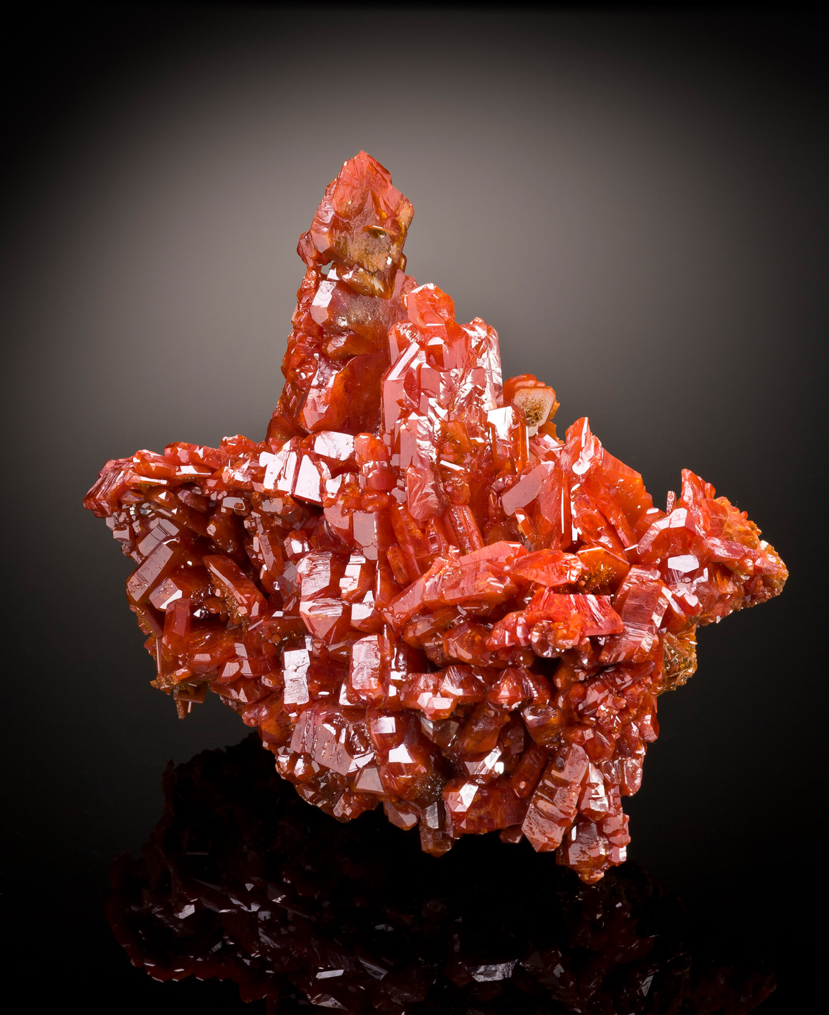  Wulfenite, 12.5 cm, from the Jianshan mine, Kuruktag Mountains, Ruoqiang County, Bayingolin Prefecture, Xinjiang Uyghur Autonomous Region, China. Found in 2009. This specimen is probably the finest known Chinese wulfenite. 