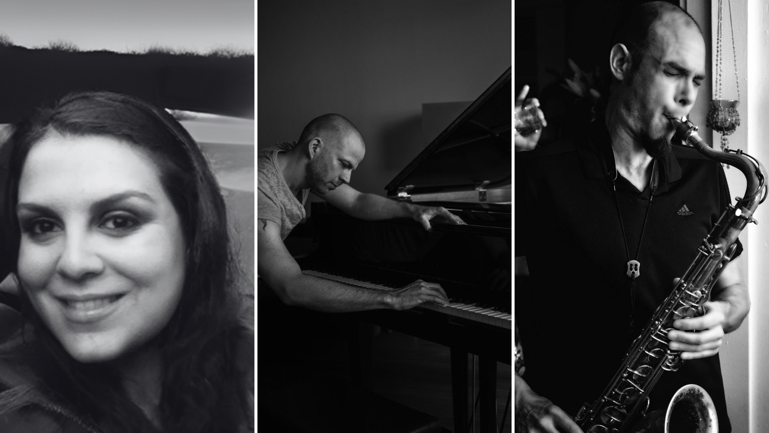 Collage of three black-and-white photos featuring musicians: a woman smiling outdoors, a man playing piano indoors, and a man playing saxophone indoors.