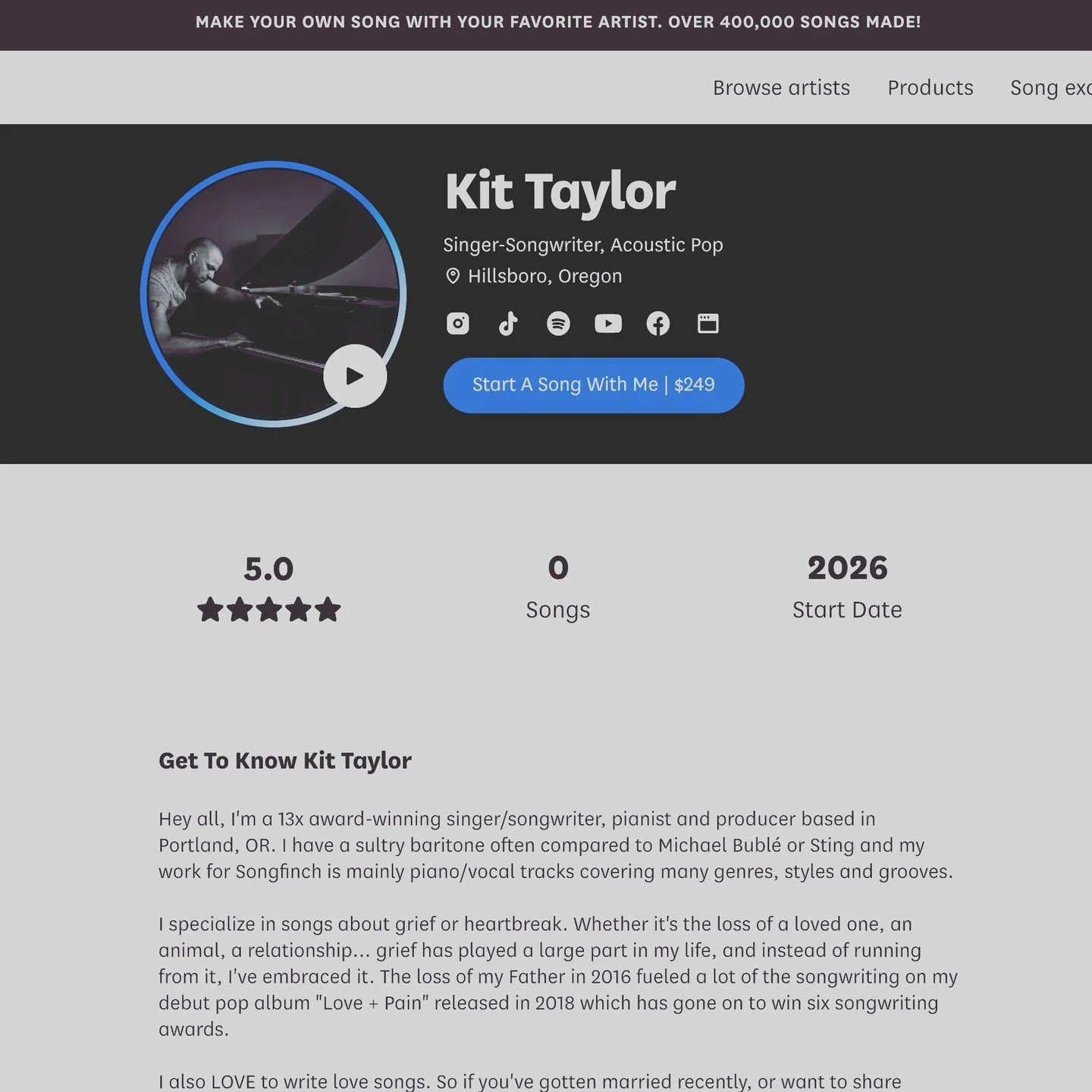 Hey friends. VERY cool announcement. I've been recruited and signed by the boutique record label/songwriting company @songfinch. With my profile now complete, I'm officially part of their roster. You've probably seen videos of someone sharing a custo