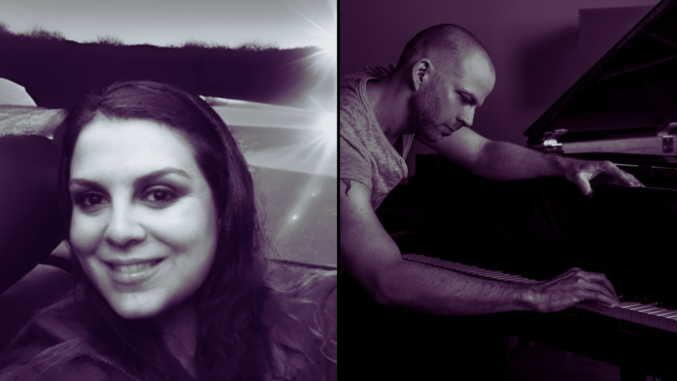 A split-screen photo of a woman taking a selfie outdoors at sunset on the left, and a man playing a piano indoors on the right.