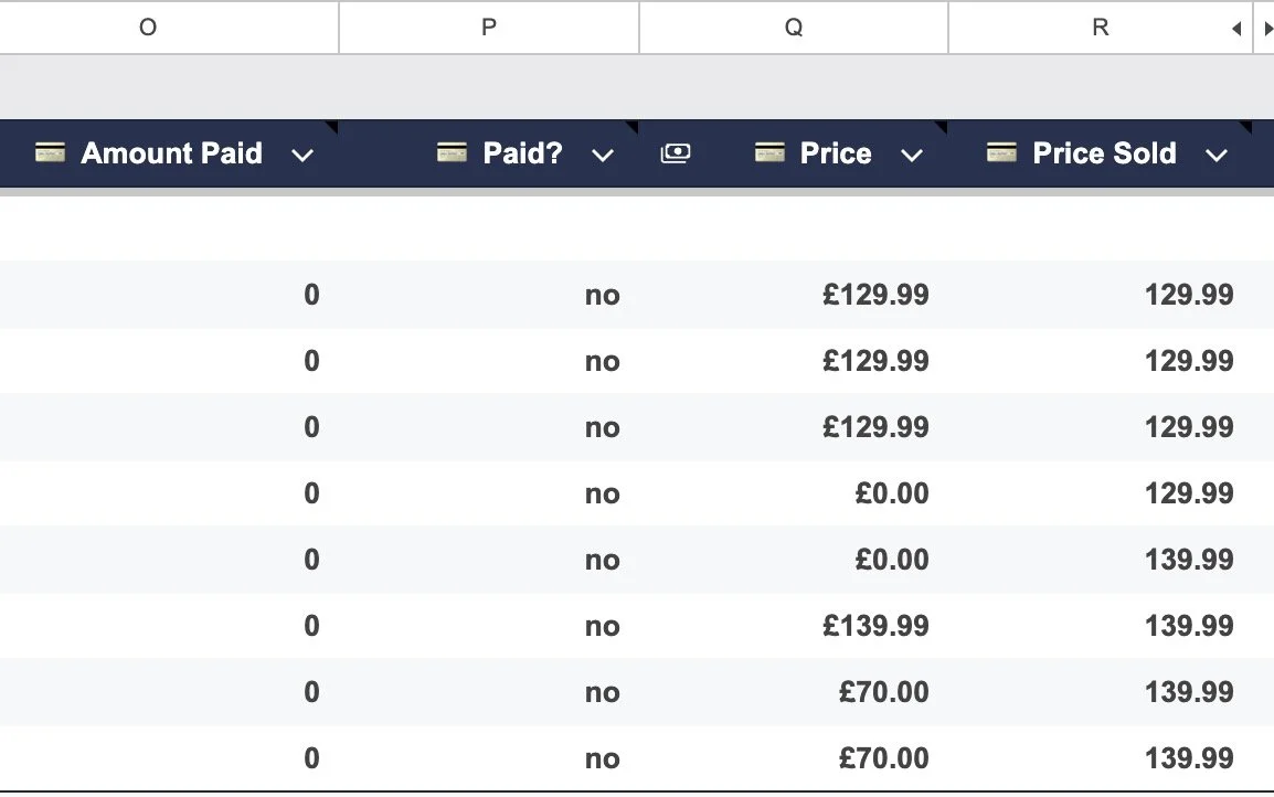 Acuity Scheduling Conversion Tracking: Screenshot of Google Sheet demonstrating different price parameters via Acuity API for Amount Paid, Paid, Price and Price Sold.