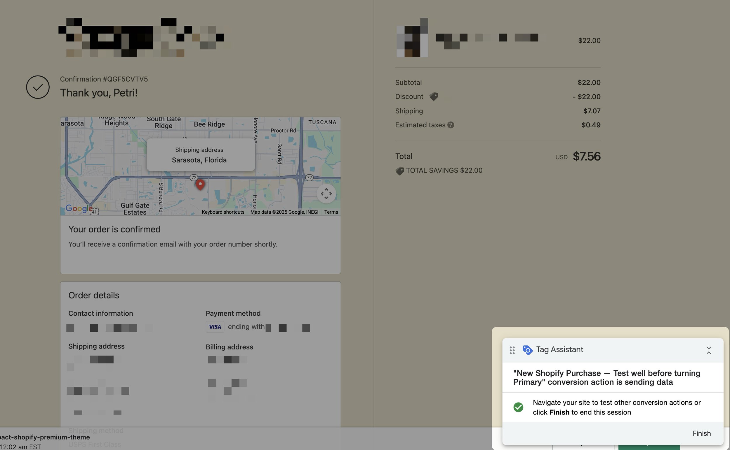 Shopify Google Ads conversions, new thank you page and Google Tag Assistant showing conversion action successfully sending data.