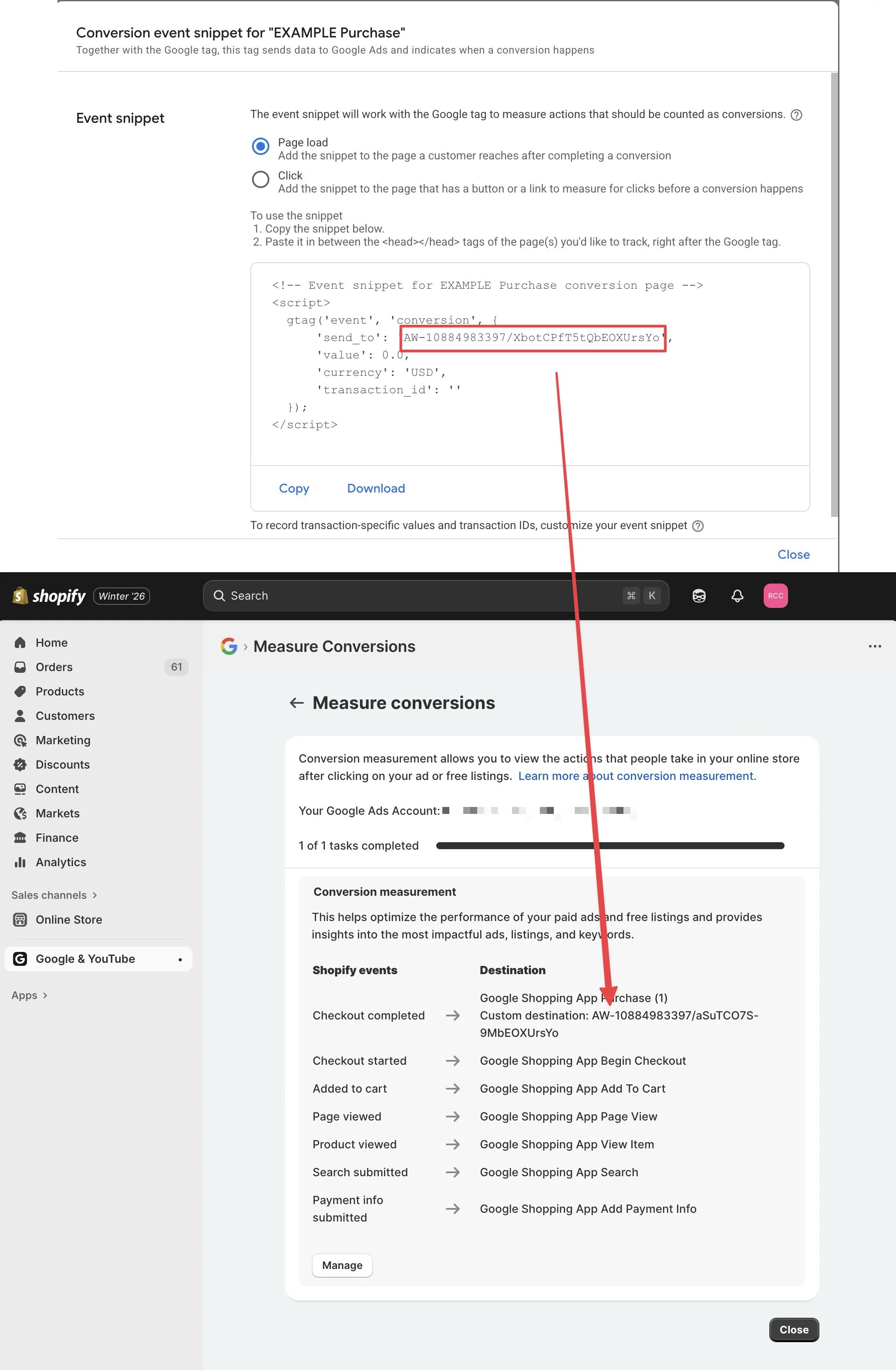 Shopify Google Ads enhanced conversion tracking. Copy-pasting the conversion ID and the conversion label from Google Ads to Shopify Google App.