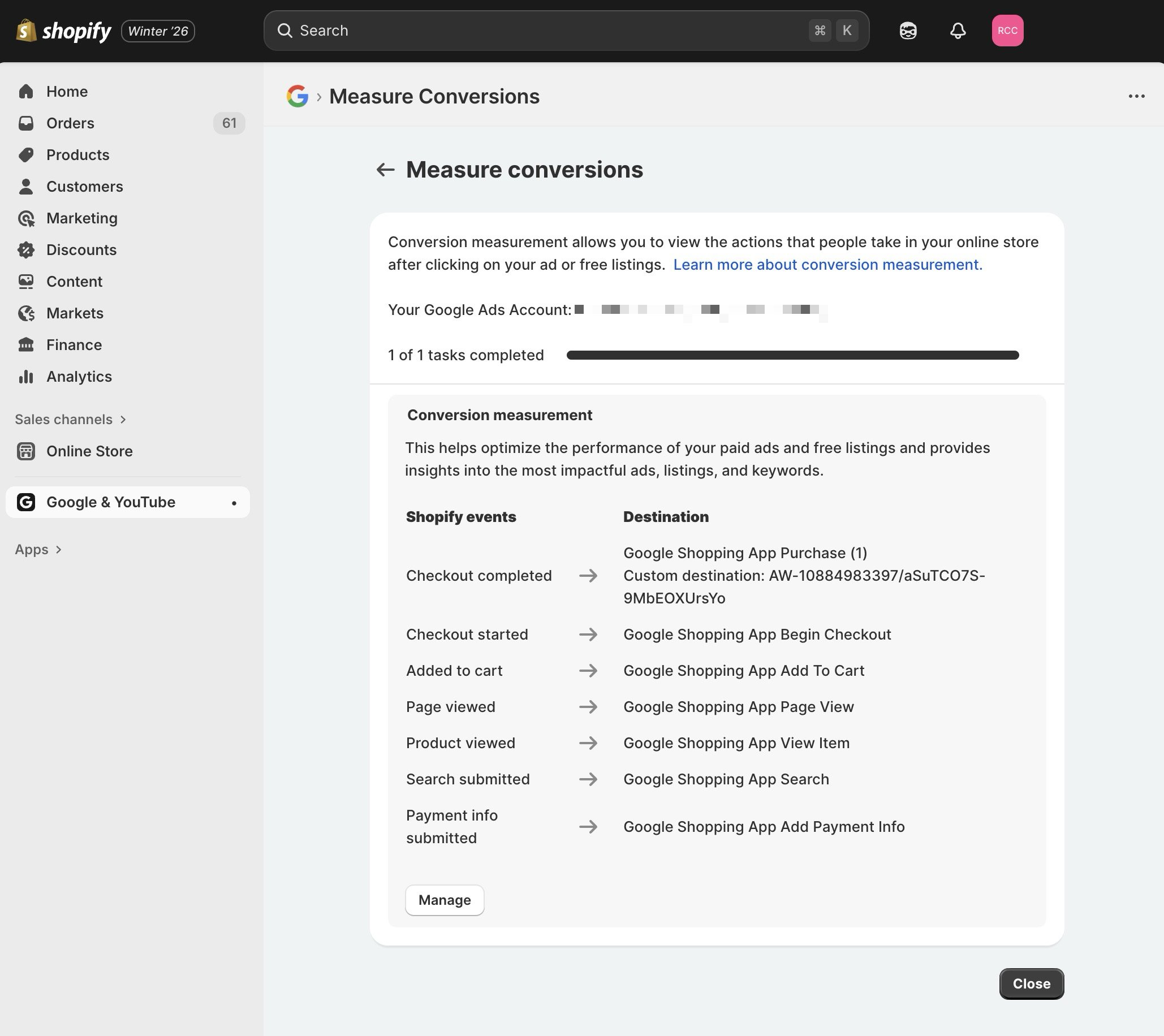 Shopify Google Ads Conversion Tracking. Google and YouTube Shopify app dashboard measure conversions view with Shopify events being mapped to Google Ads conversions. Checkout completed, to purchase, checkout started, add to cart, product view, etc.