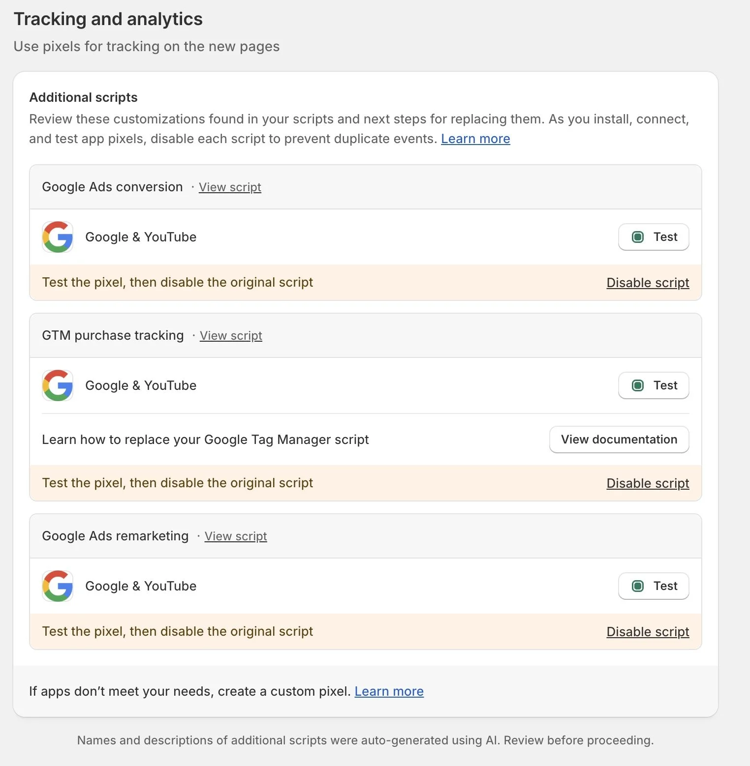 Shopify Google Ads conversion tracking update. Tracking and analytics pixels. Reviewing additional scripts.