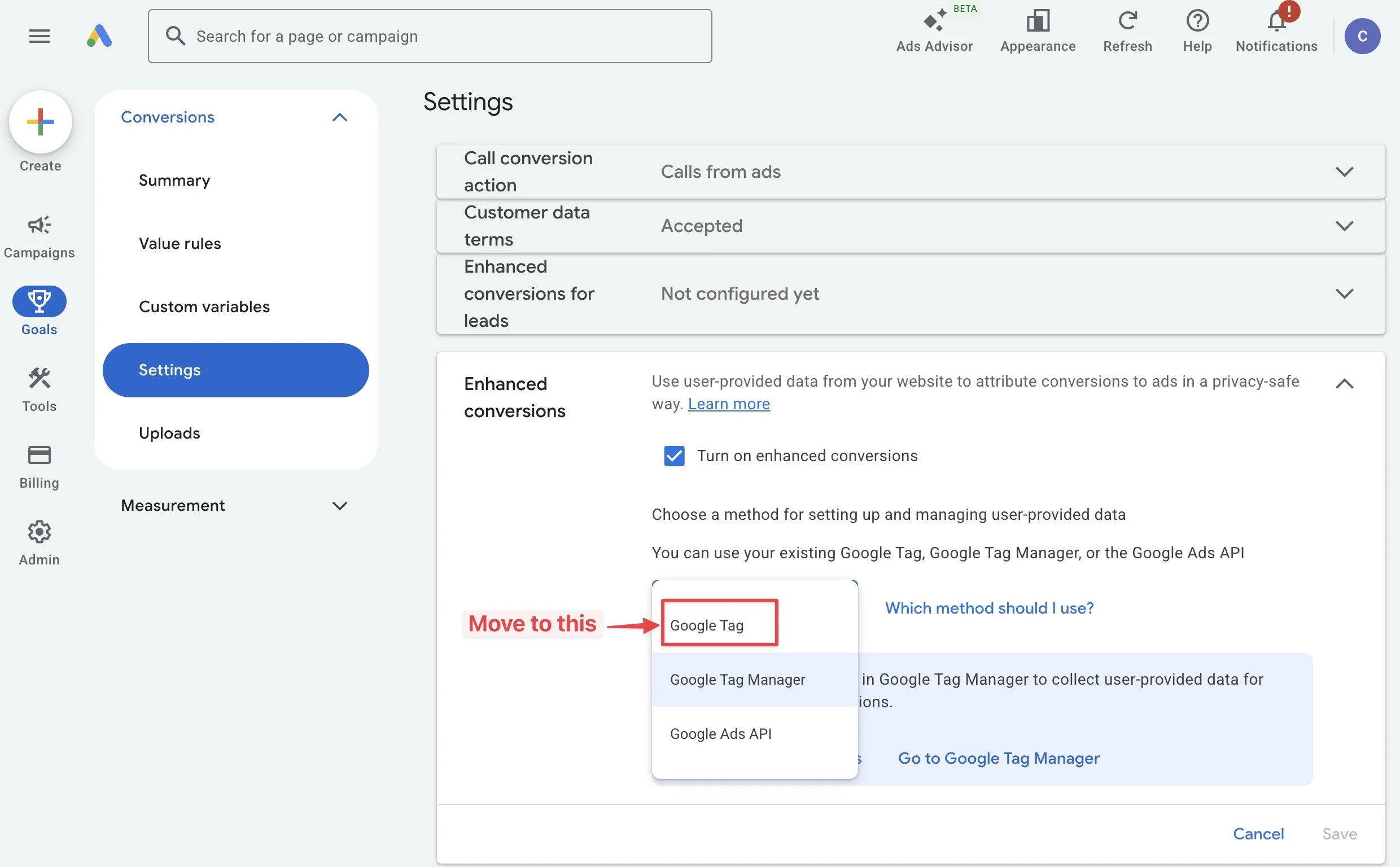 Shopify Google Ads Enhanced Conversion Tracking, Google Ads Dashboard, Enhanced Conversion Method, Setting, Switching from Google Tag Manager to Google Tag.