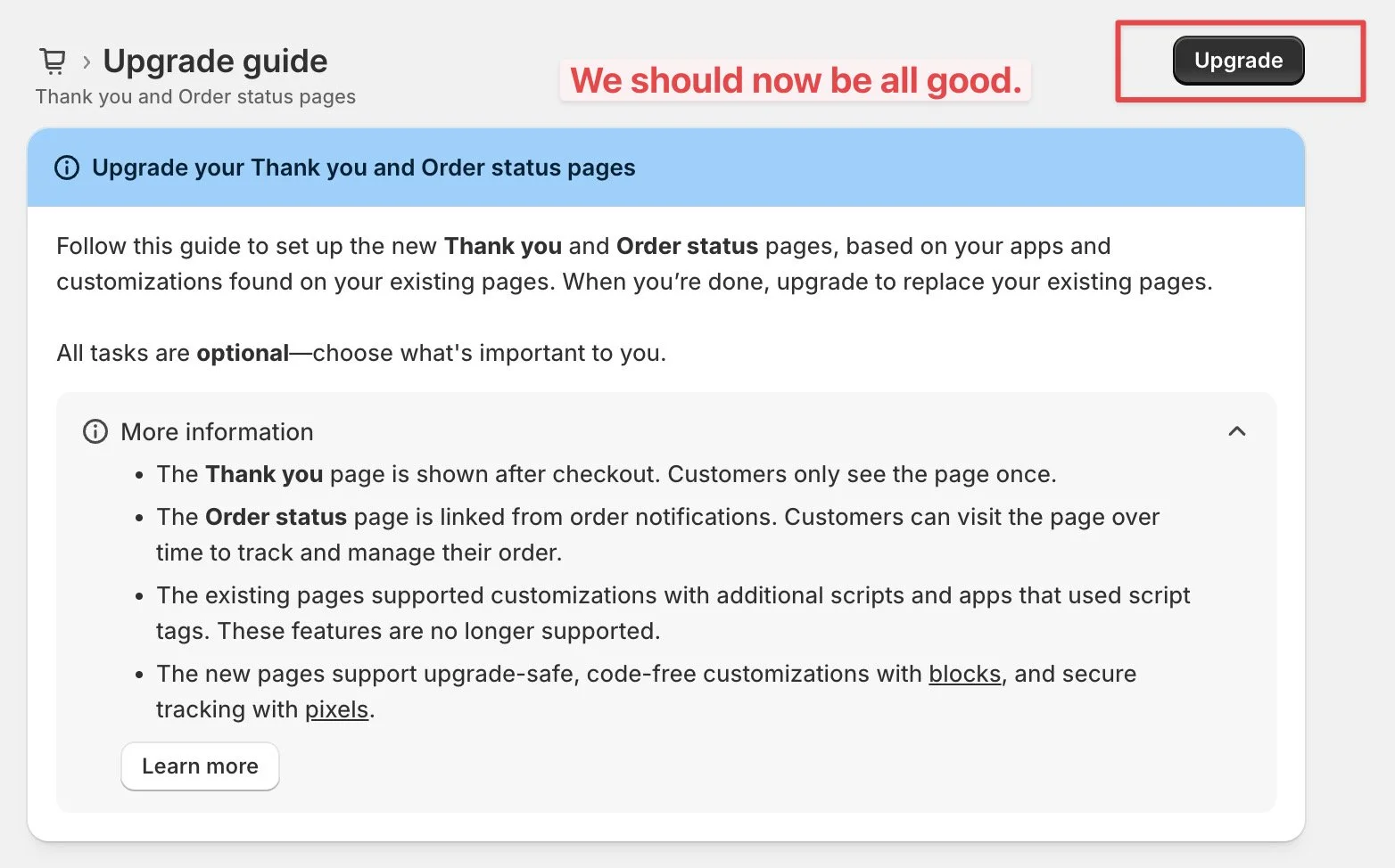 Shopify, Google Ads conversions, Upgrade your thank you and order status page setting and the upgrade button to finish the installation.