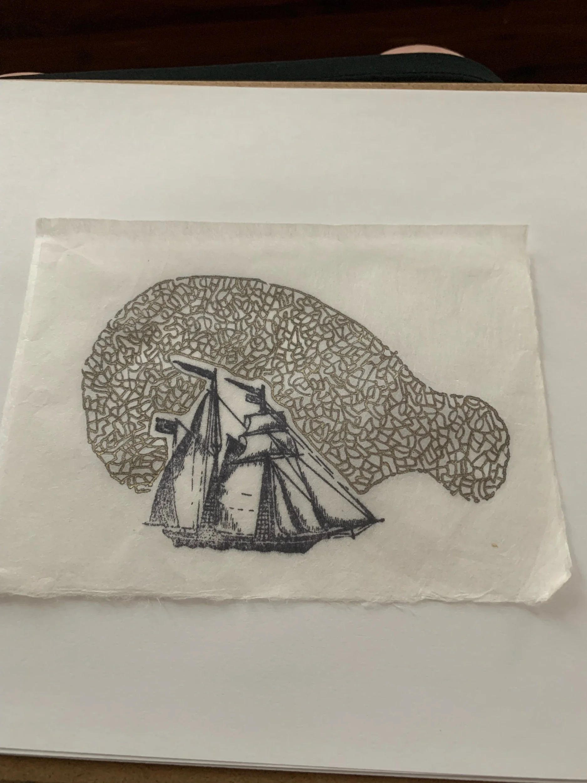 Ship, ink and rubber stamping on rice paper, currently framed