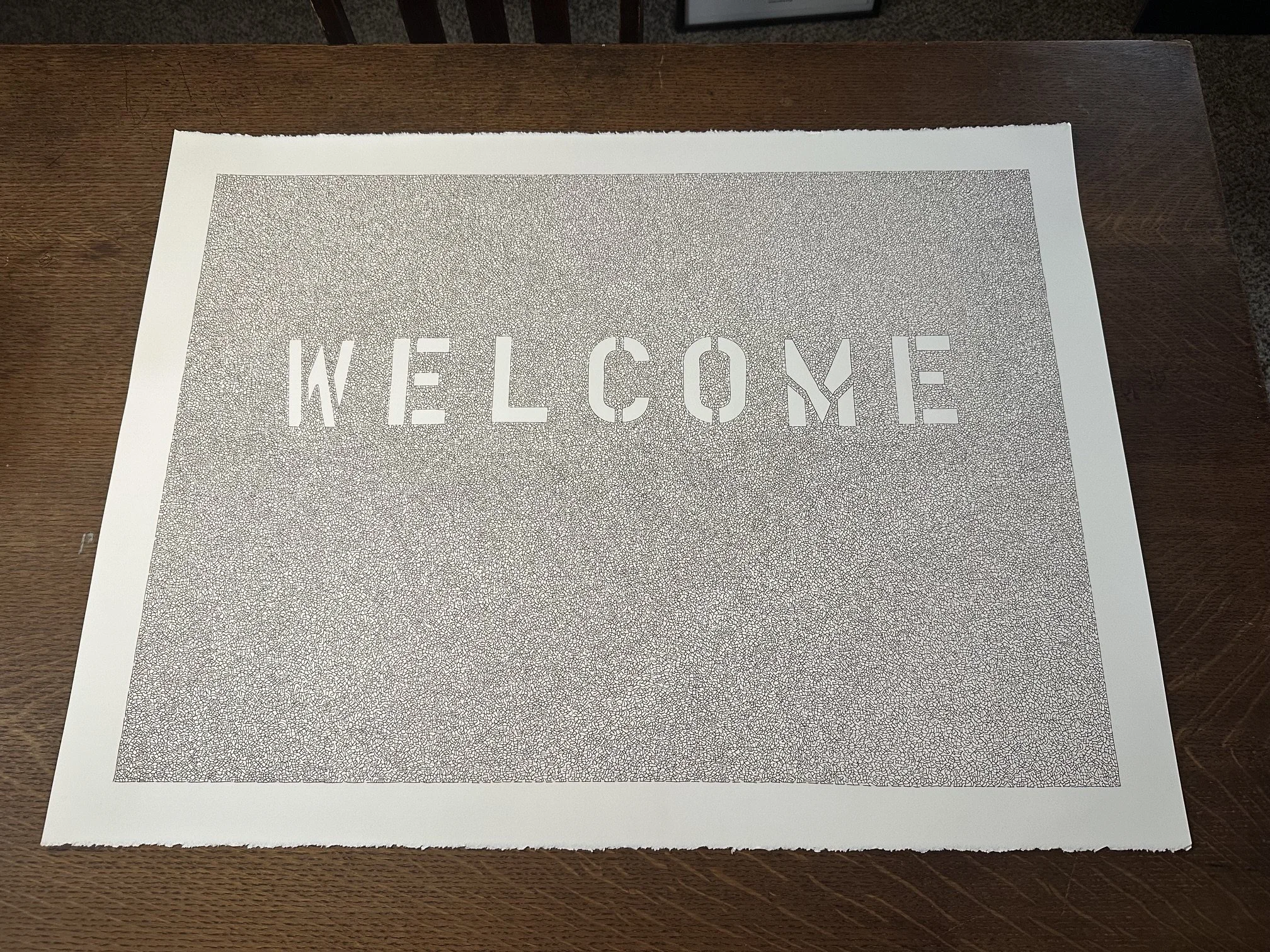 Welcome
Dark Sepia Ink on Stonehenge paper
30" x 22"
framed
