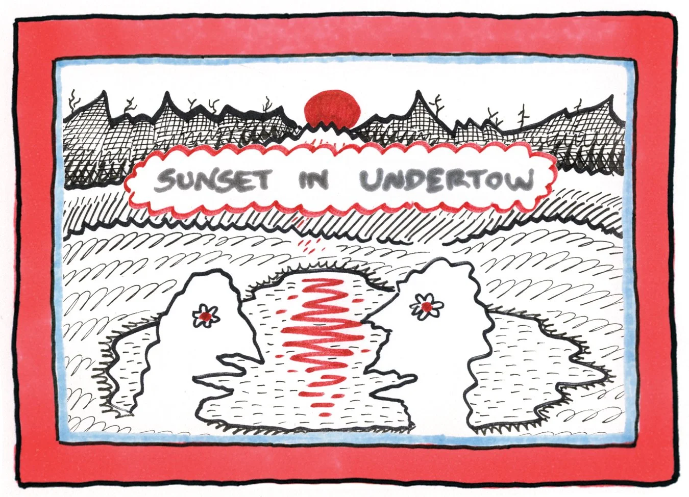 a wine label called 'sunset in undertow' with a squigly drawing of two people in front of a lake with a dark red moon reflection in it