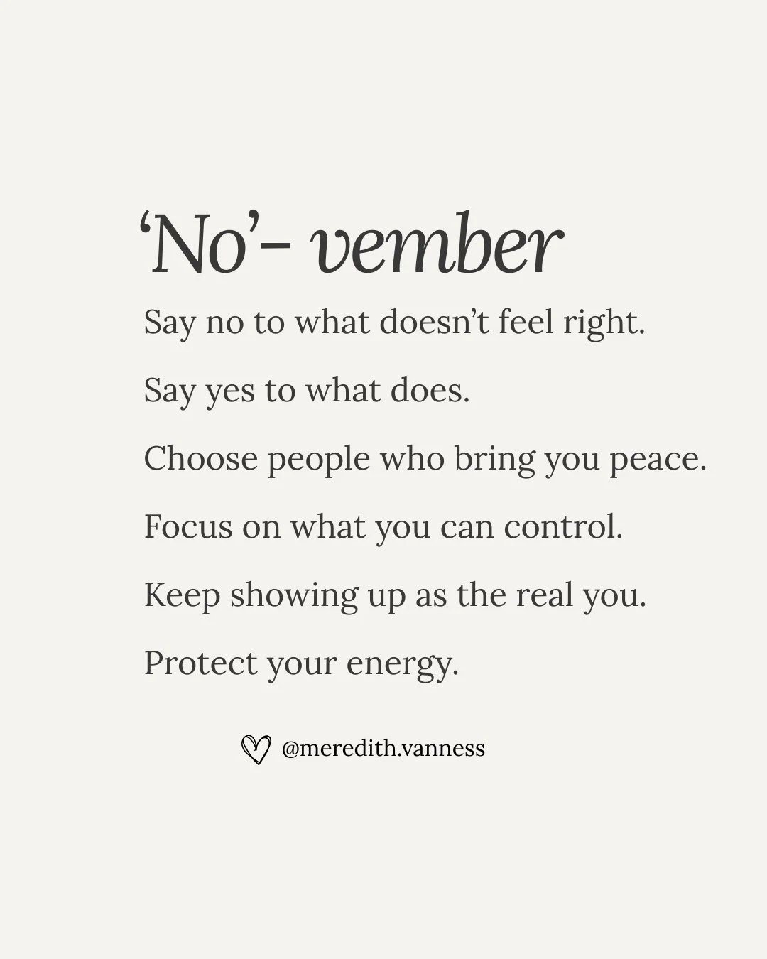 Let's keep going with this reminder this month.⁠
Less noise. More peace. 💗⁠
⁠
Save this for when you need it next.⁠
@meredith.vanness (therapist, writer, human doing her best, too).