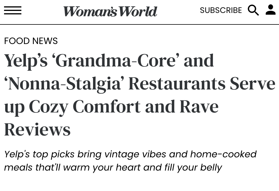 Yelp’s ‘Grandma-Core’ and ‘Nonna-Stalgia’ Restaurants Serve up Cozy Comfort and Rave Reviews