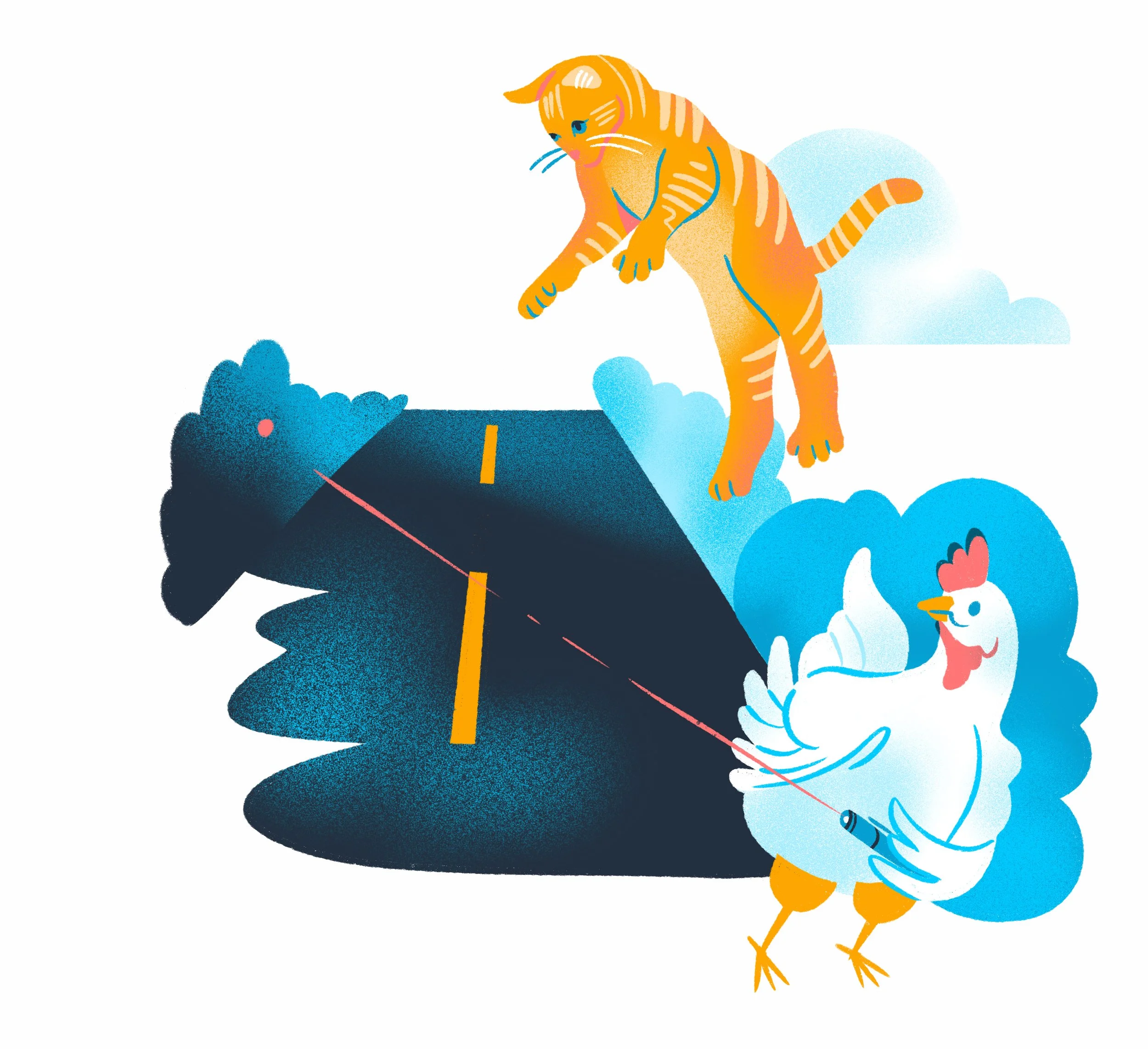 Alexa Joke Book illustration by Jordan Kay - Chicken with a laser pointer and cat crossing the road