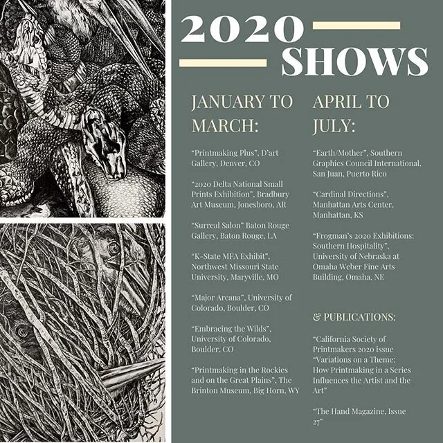 Upcoming Shows. I personally won&rsquo;t make it to every opening but if you&rsquo;d like to attend here&rsquo;s a list of places to check out my work in person :) I still have more to apply to so this list is bound to grow 🖤 #drawing #printmaking #