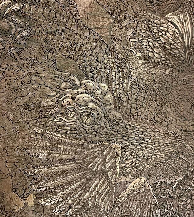 I should count how many scales are here..said no one ever. Aquatint finished and now burnishing away. Proof coming up. #drawing #printmaking #mfa #mfaprintmaking #louisianaartist #artist #megaprintmakers #get_imprinted #fineart  #pinecopperlime #cont
