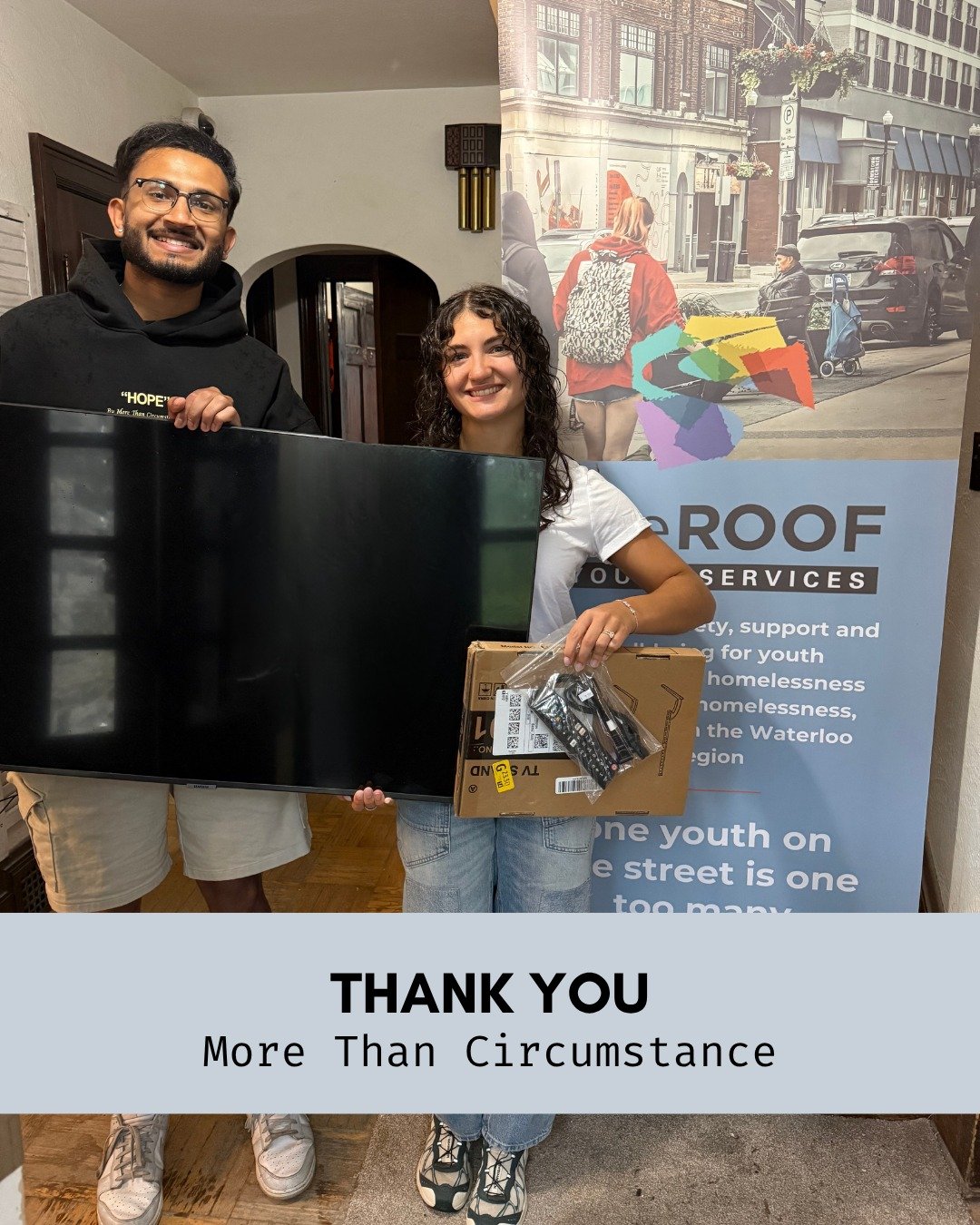 Our programming just got an upgrade 📺

A HUGE thank you goes out to @morethancircumstance &amp; @mtc.waterloo for donating a new TV and TV stand. Our youth will be able to watch movies on the big screen thanks to their generosity! 

#oneROOFYouthSer