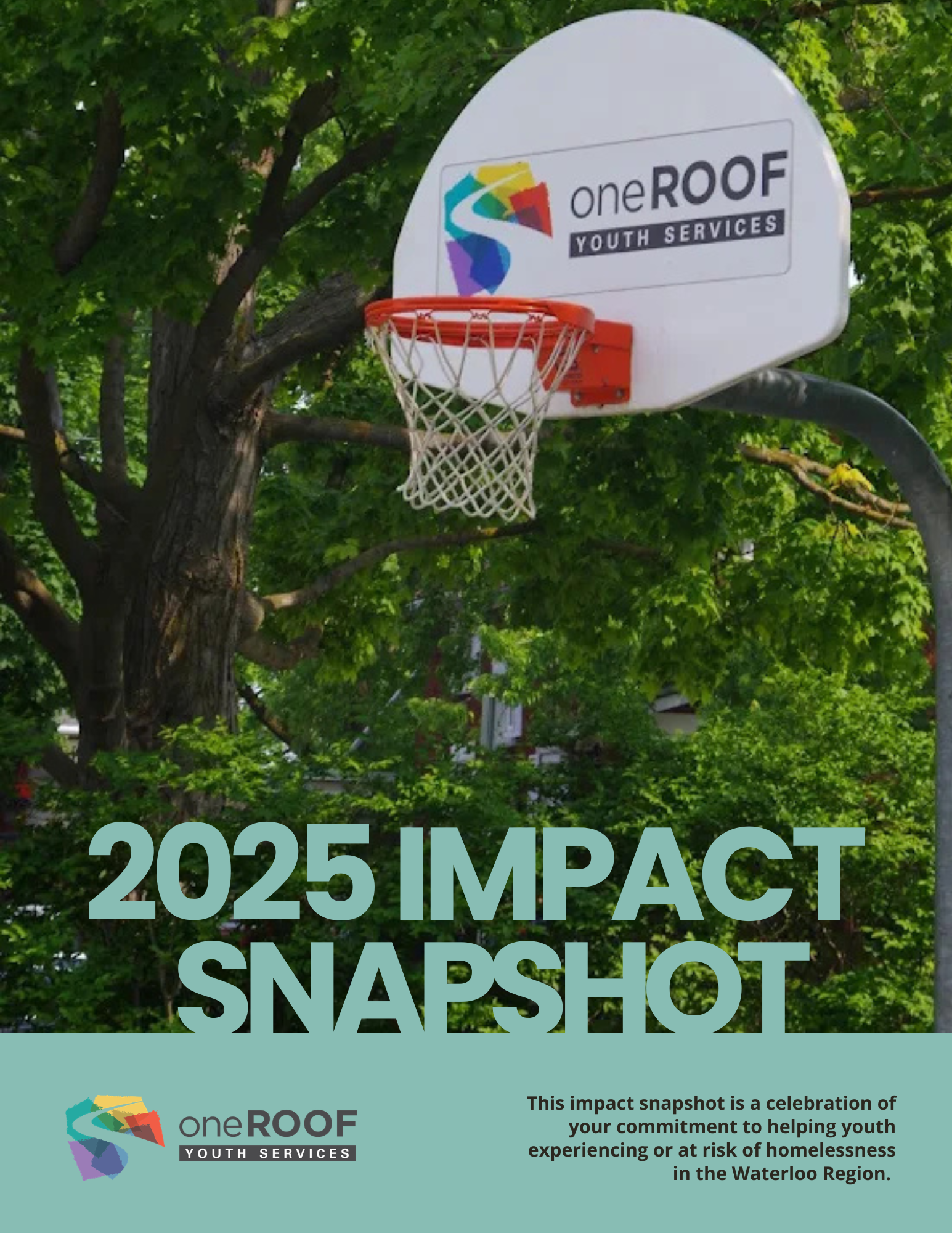 A basketball hoop with a backboard displaying the logo of oneROOF Youth Services and the text '2025 Impact Snapshot' over a background of green leafy trees. Partially visible overlay at the bottom with additional information about the impact snapshot.