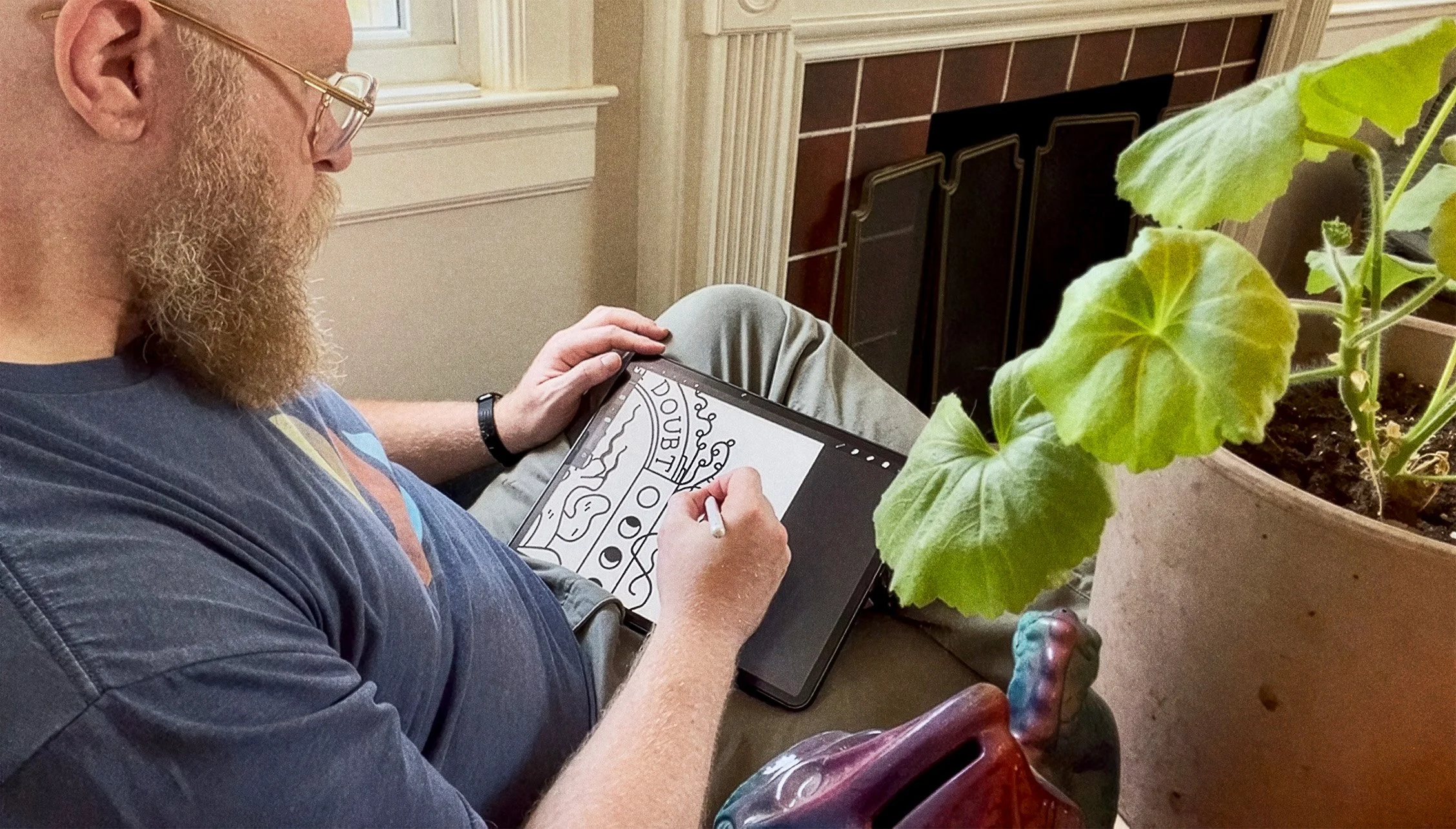 Randy, the artist, making art on his iPad