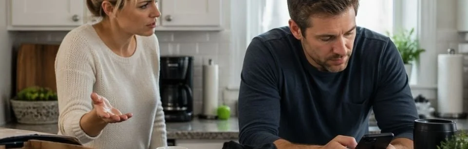 Couple in kitchen arguing over cluttered counter, showing ADHD-related conflict with visual reminders and emotional misunderstanding