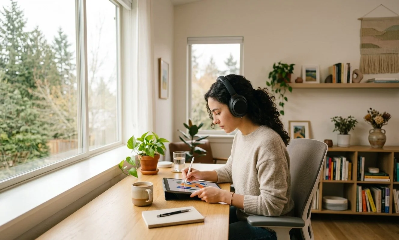 Adult wearing headphones and concentrating on a project in a calm workspace.
