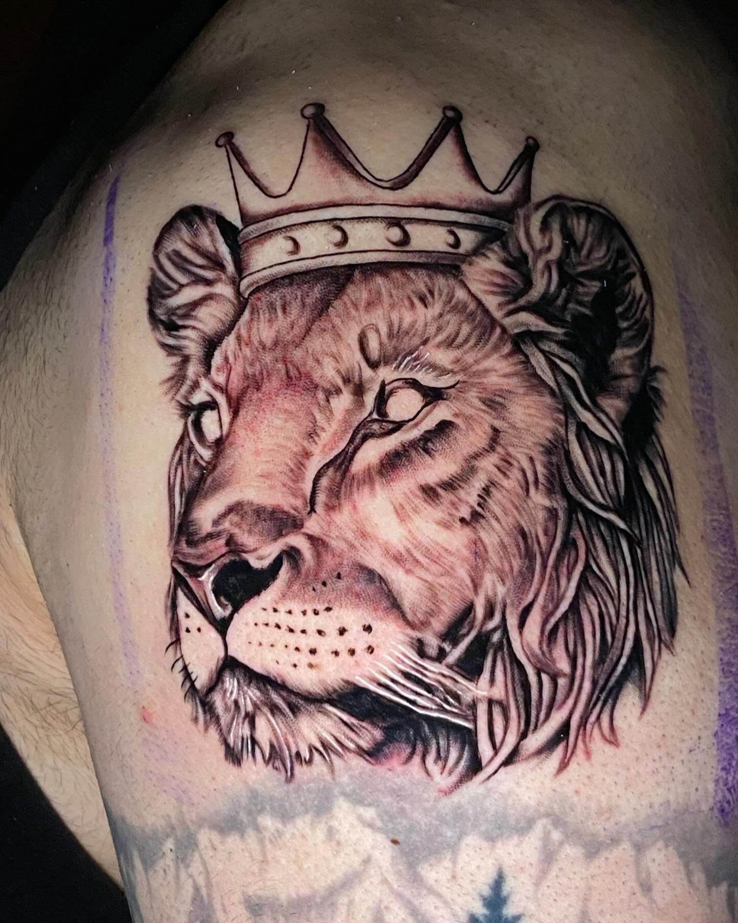Cool lion from yesterday. I had fun on this guy. Maybe one more pass. #frankiefingers #monsterinink #liontattoo #getalion #fridaytattoo #pnwtattooer #shouldtattoo #shouldgettattooed #travelphotography #reelsinstagram #shopsmall #dogoftheday #playstat