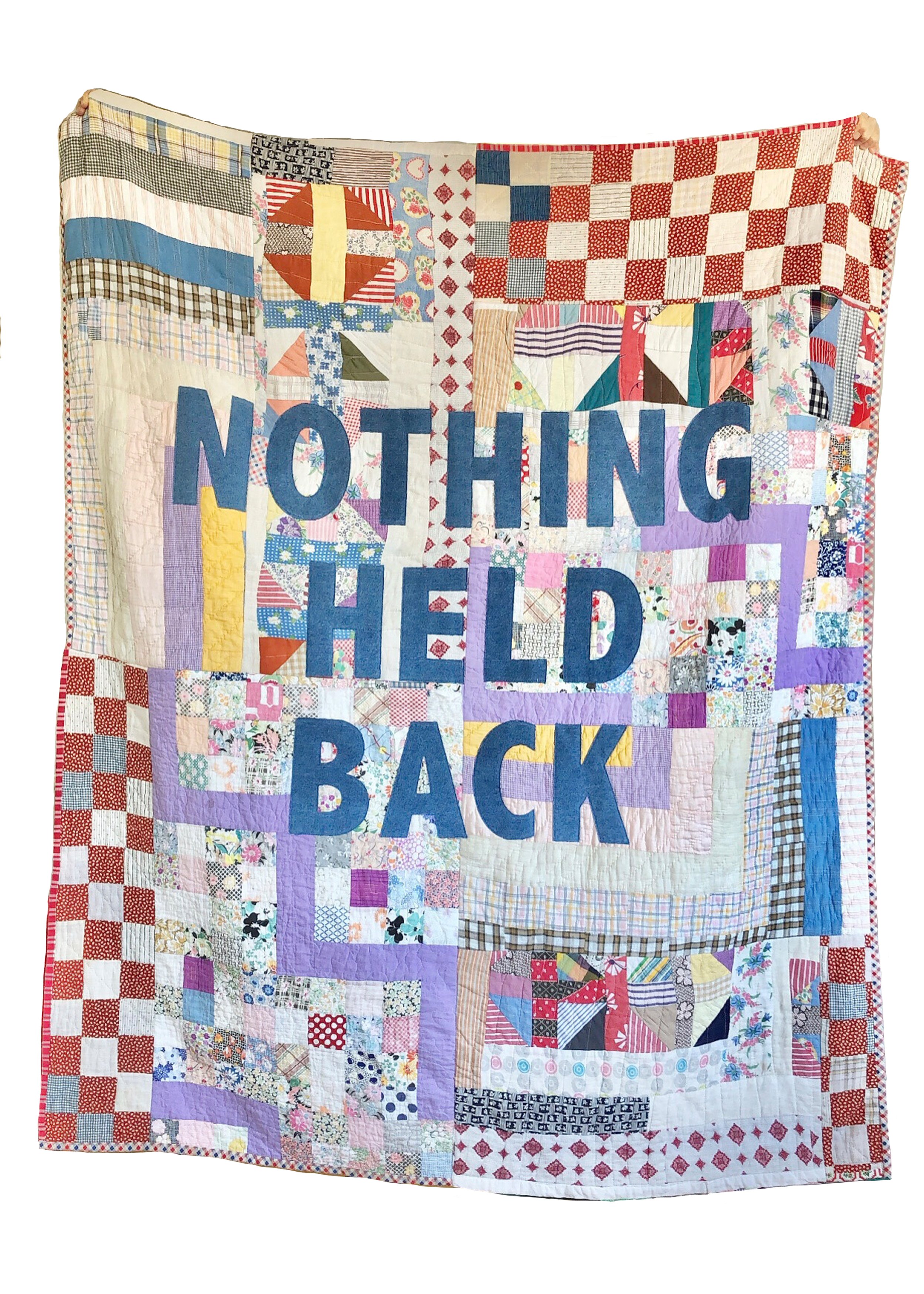  mended and collaged parts of 4 quilts, denim letters, vintage fabric edging, 2021,  available  (email for details: floraewilds@gmail.com) 