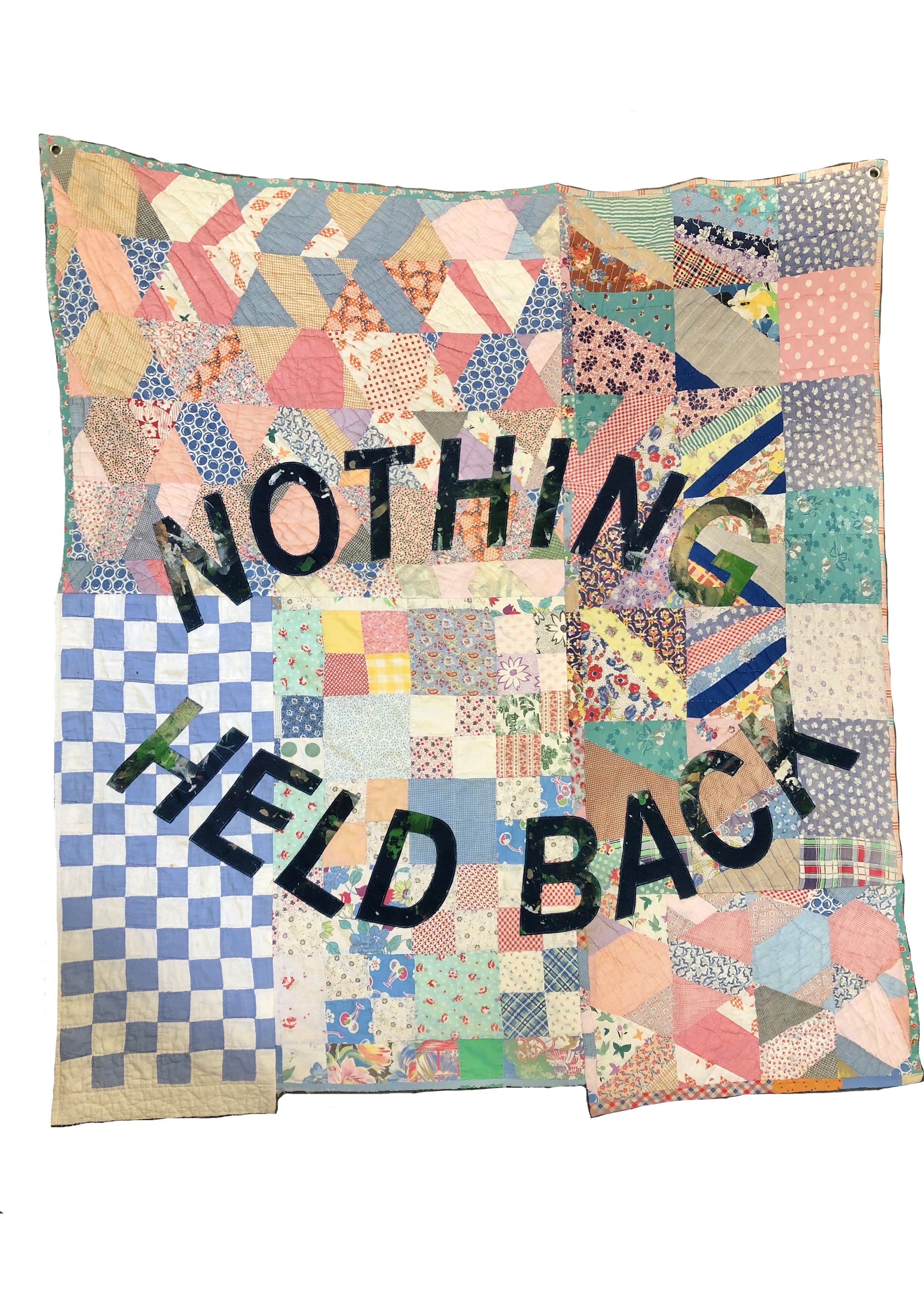  mended and collaged sections of 4 quilts, vintage fabric, letters cut from a painting jumpsuit, 2022,  sold  