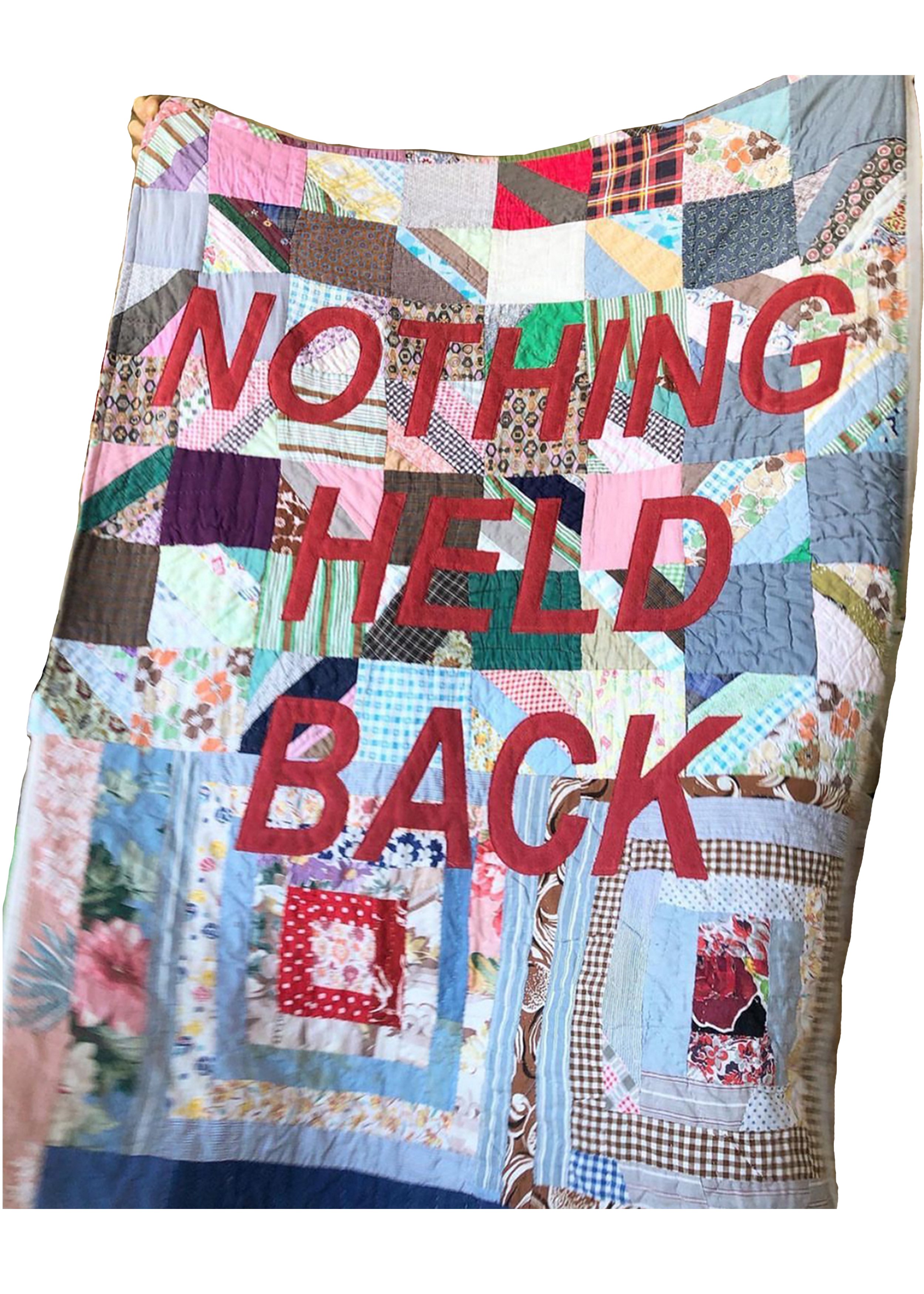  mended and patched sections of 2 quilts, vintage fabric, letters cut from tablecloth, 2021,  sold  