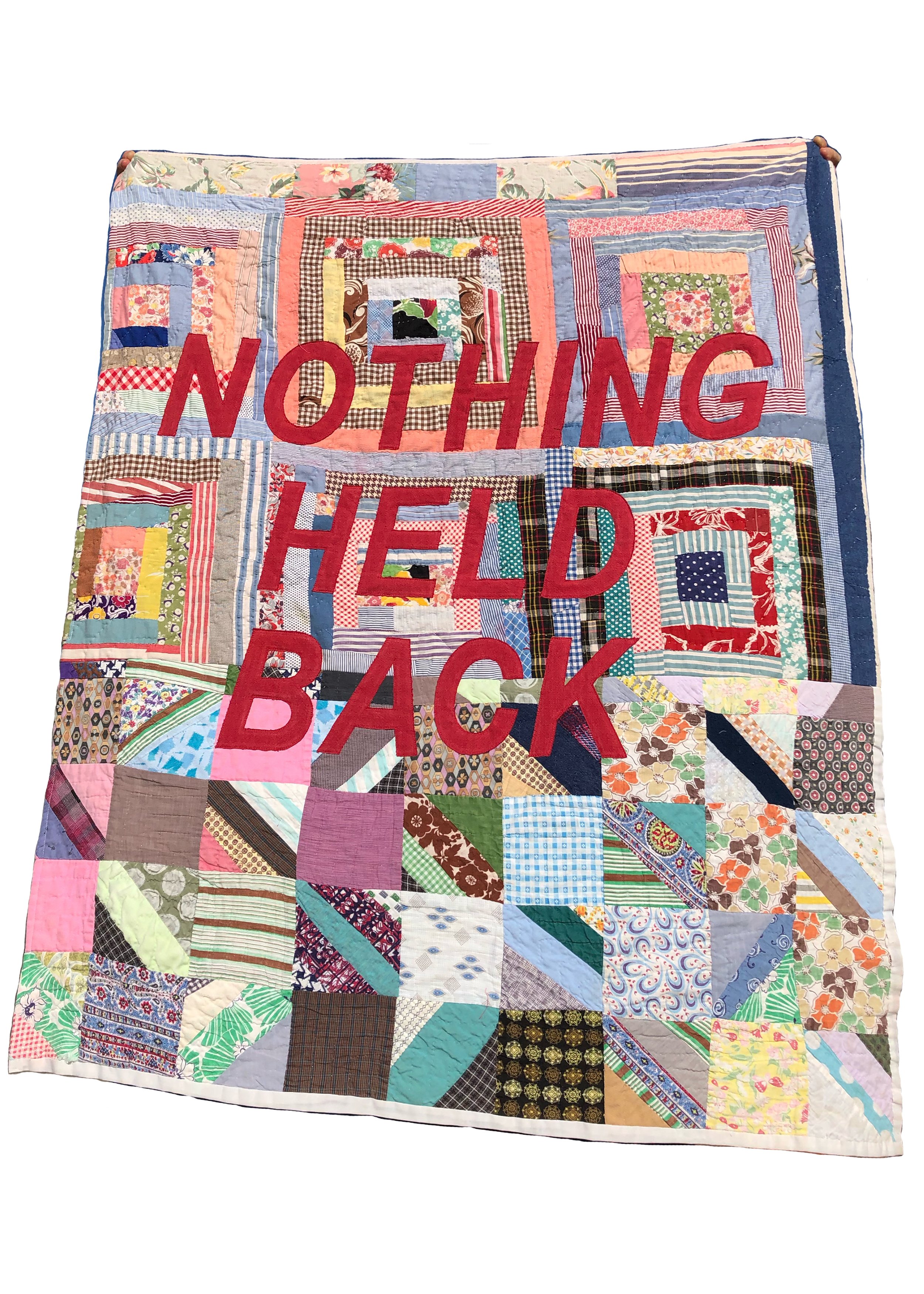  mended and patched sections of 2 quilts, vintage fabric, letters cut from tablecloth, 2021,  sold  