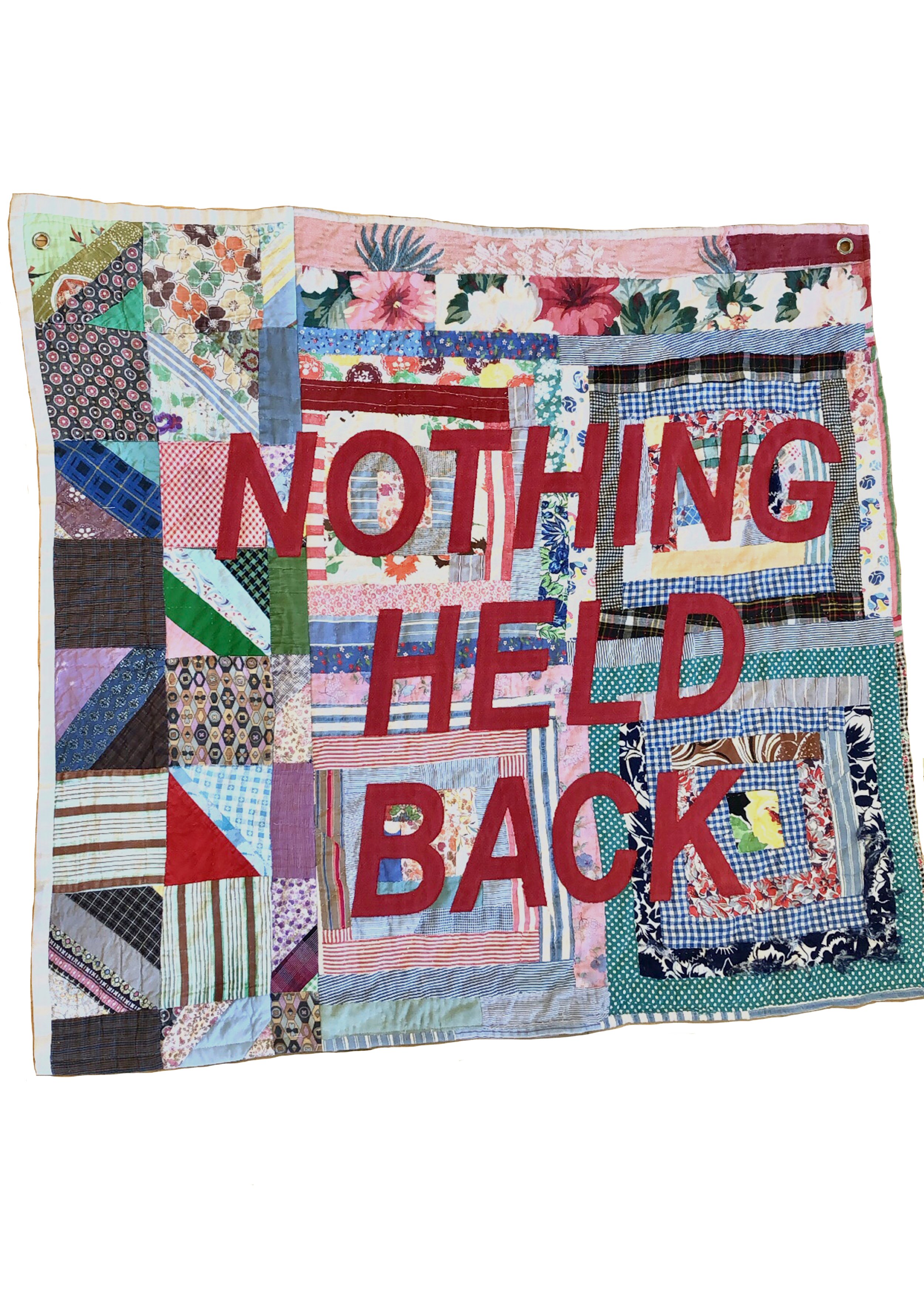  mended and patched sections of 2 quilts, vintage fabric, letters cut from tablecloth, 2021,  sold  