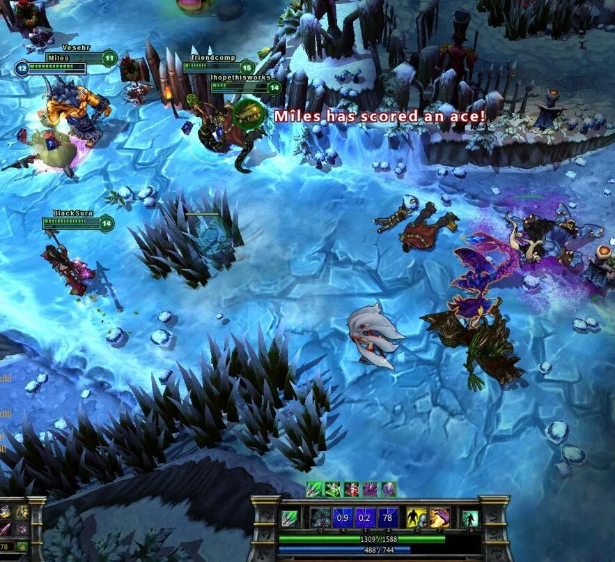 Players move one or multiple characters from above. The Field of View is limited by a “Fog of War” where players can only see areas that have been explored. Viewing audience can see the whole map.