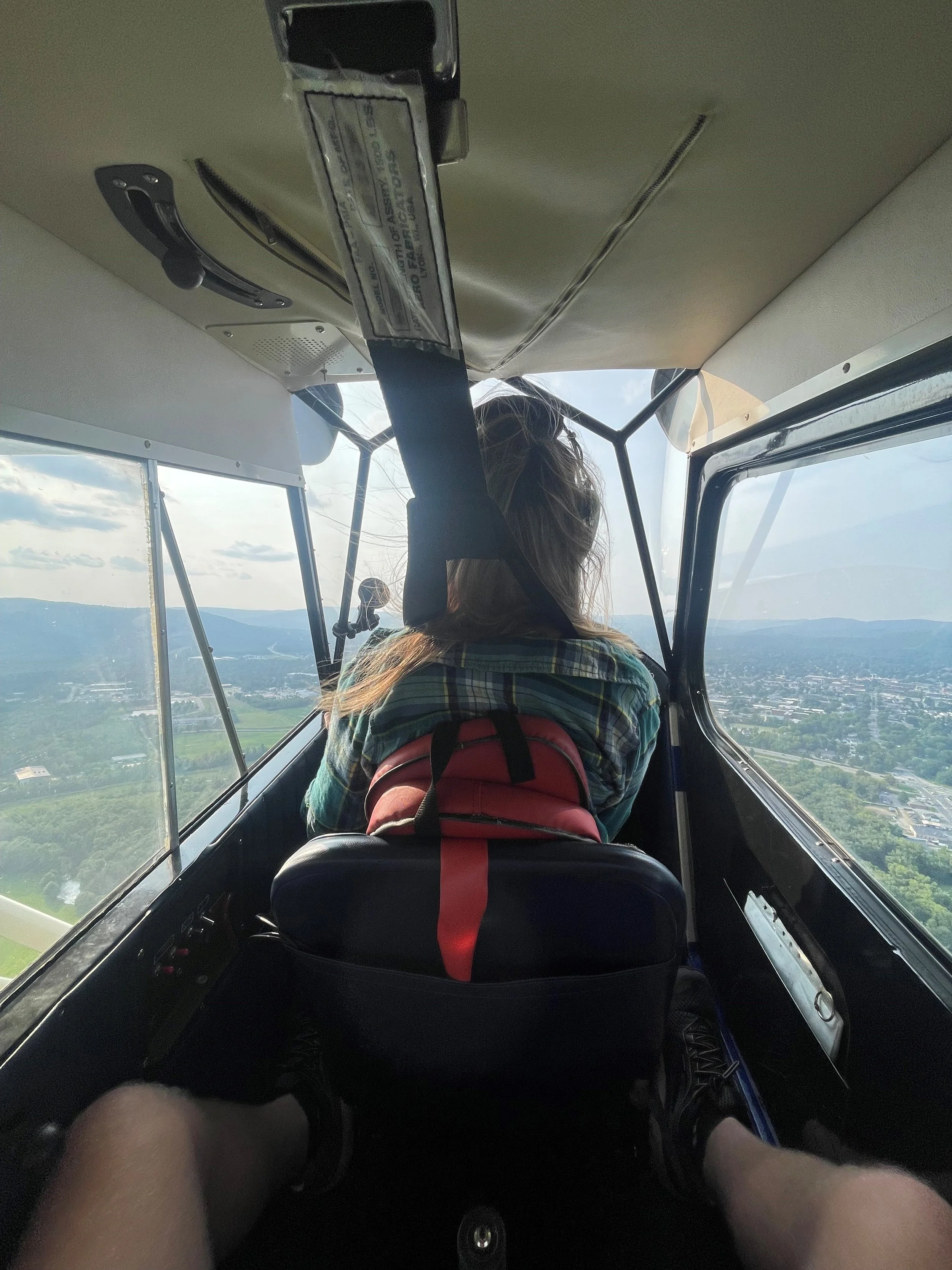 Inside view of a small aircraft showing a person with long hair and a backpack sitting at the controls, with a scenic aerial view of a landscape visible through the windows.