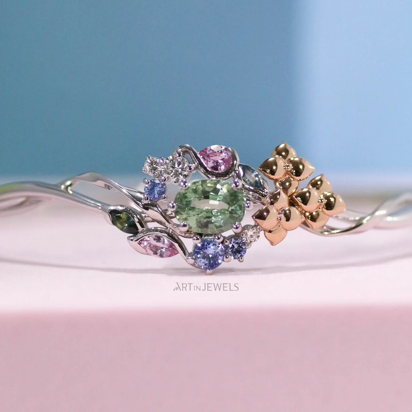 as fog settles
into morning calm...
wing tips

"Under the Blue Sky" Bangle in Sapphires and Diamonds
1.40ct oval natural mint green sapphire, Madagascar, low heated
0.16ctw round natural diamonds VS F-G
0.29ctw total marquise Sri Lankan sap