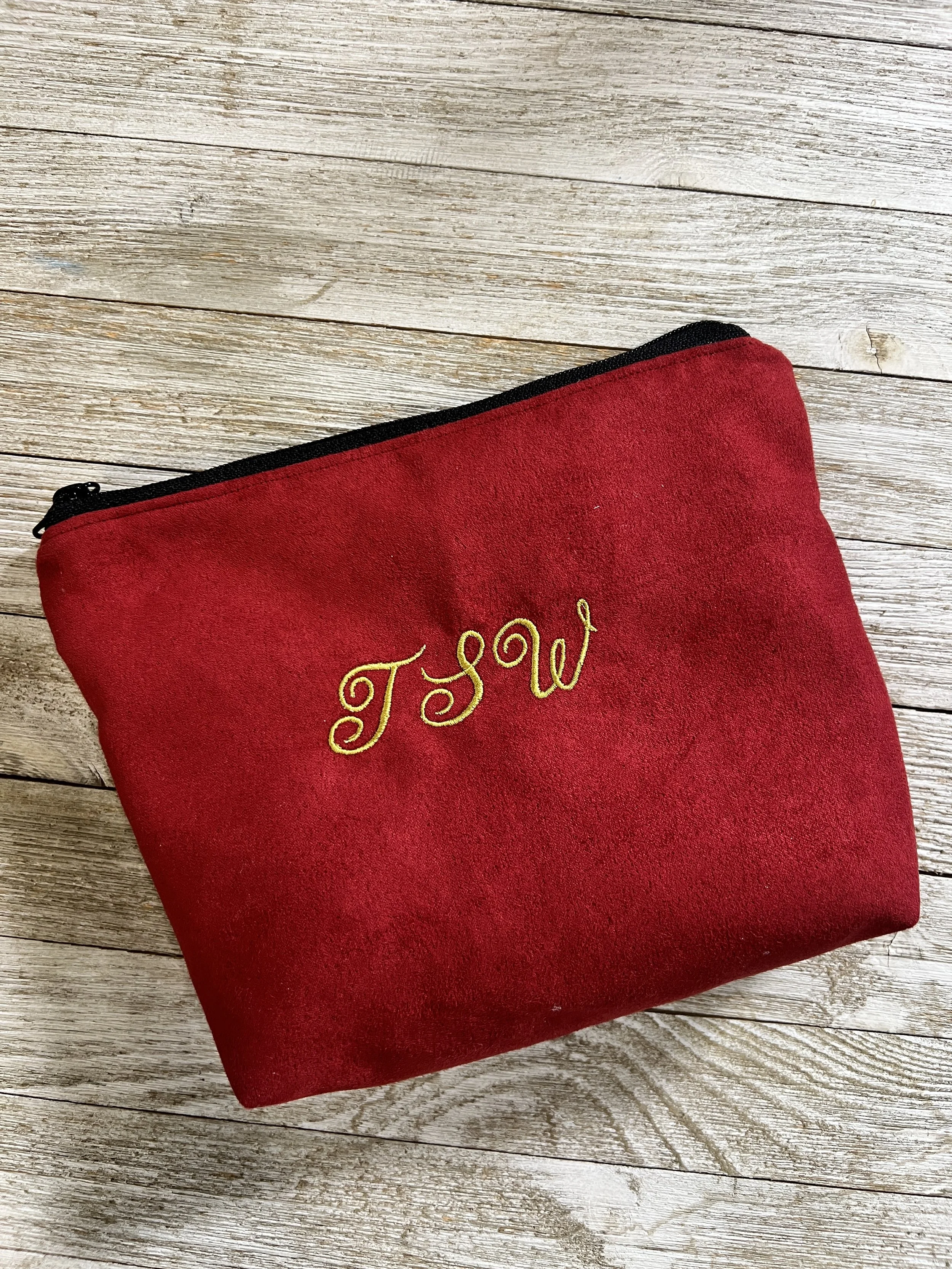 Monogrammed Embroidered Faux Suede Zipper Pouch