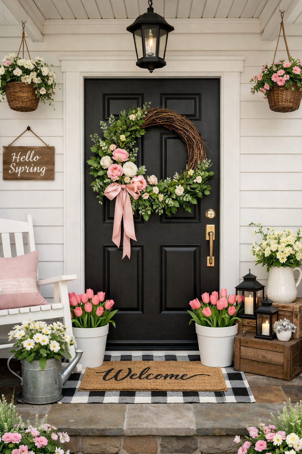 Looking for spring front porch ideas? These 21 spring porch decor ideas include flower planters, layered doormats, wreaths, pastel accents, outdoor seating, lantern lighting, and simple curb appeal upgrades to refresh your home for the season.