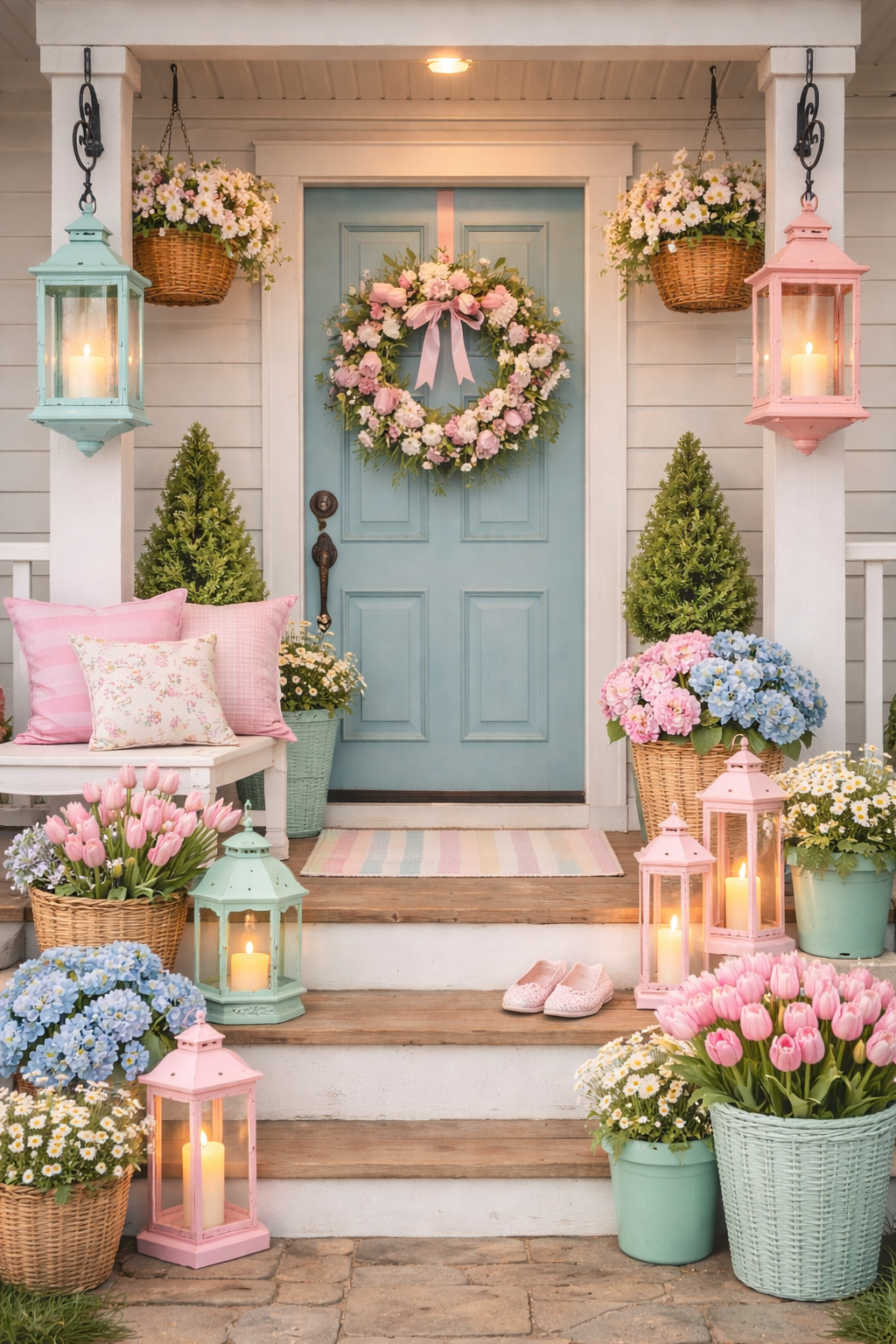 Refresh your entry with these spring front porch ideas featuring fresh flower planters, hanging baskets, porch seating, outdoor rugs, spring wreaths, and easy decorating tips to create a bright and welcoming front porch.