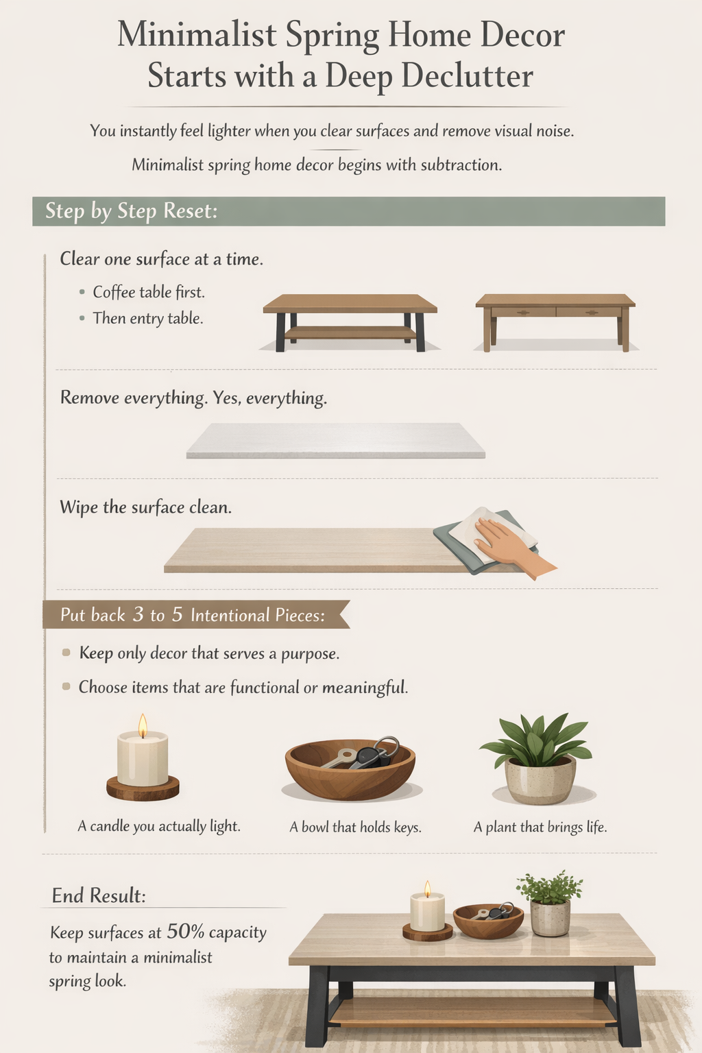 Minimalist Spring Home Decor Uses a Soft Neutral Color Palette You create instant calm when you swap heavy tones for light neutrals. Spring minimalism thrives on soft whites, warm beige, light taupe, and muted sage.