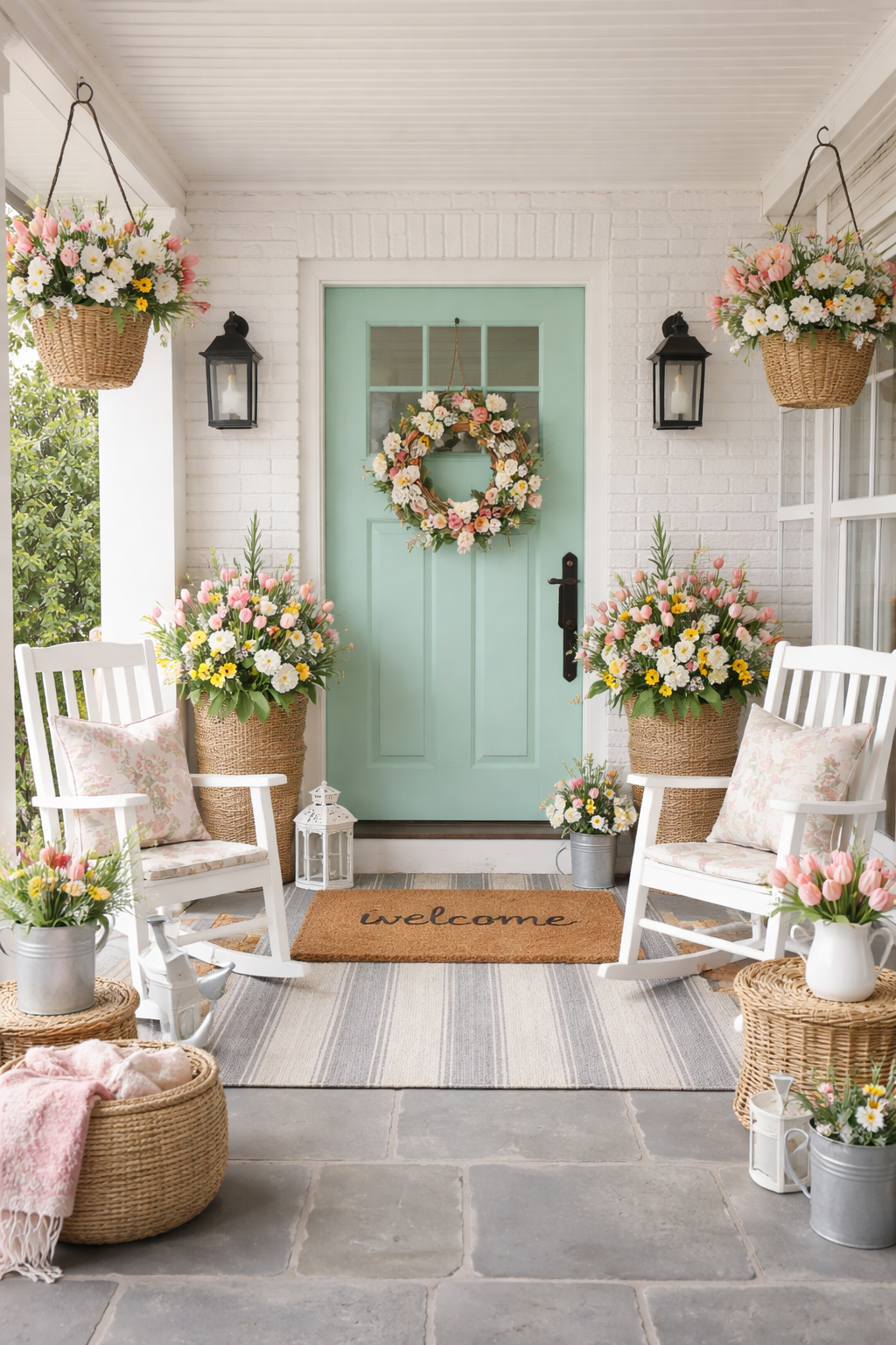 Create a beautiful spring front porch with these 21 easy decorating ideas. Discover layered rugs, lantern lighting, pastel decor, greenery garlands, painted front doors, and simple porch styling tips to make your home feel fresh and inviting.
