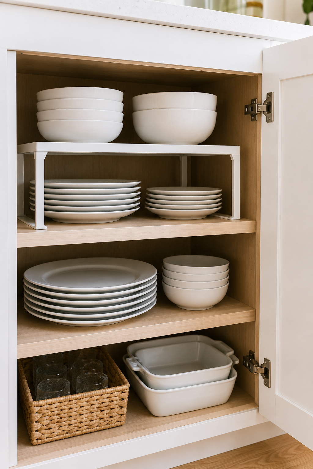 Discover 15 kitchen cabinet organization ideas to maximize storage space, reduce clutter, and make dishes, cookware, containers, and more easier to find.